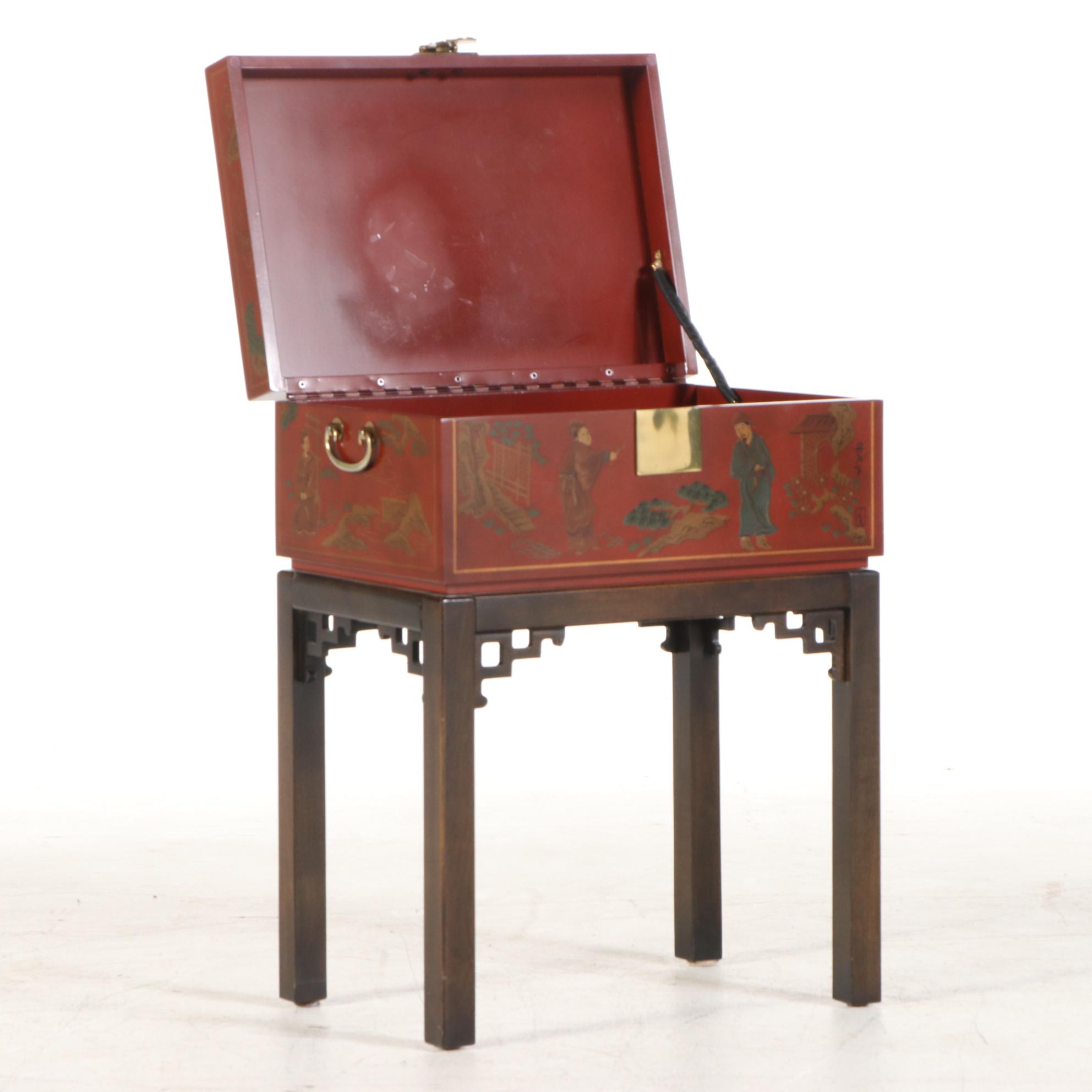 Drexel Heritage "Et Cetera" Painted and Parcel-Gilt Chinoiserie Chest-on-Stand