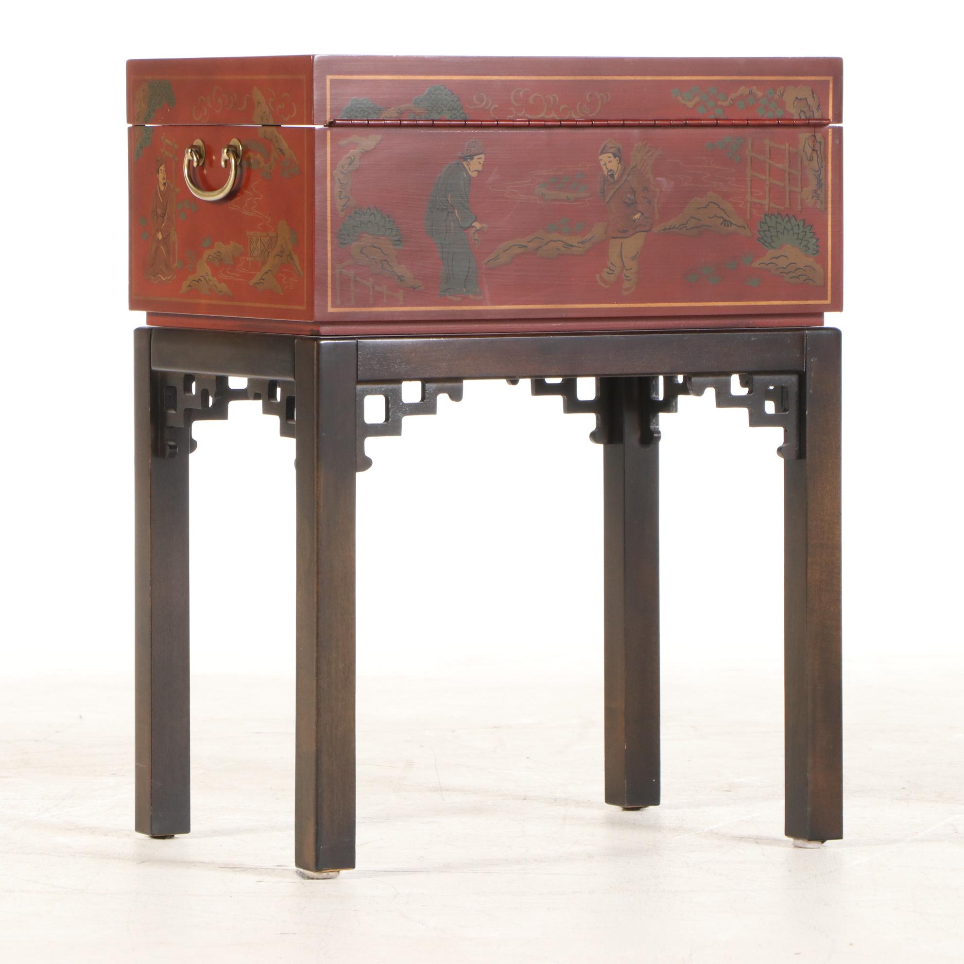 Drexel Heritage "Et Cetera" Painted and Parcel-Gilt Chinoiserie Chest-on-Stand