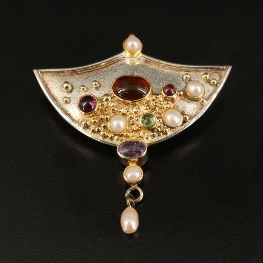 Studio Art Sterling Citrine, Rhodolite Garnet and Amethyst Converter Brooch