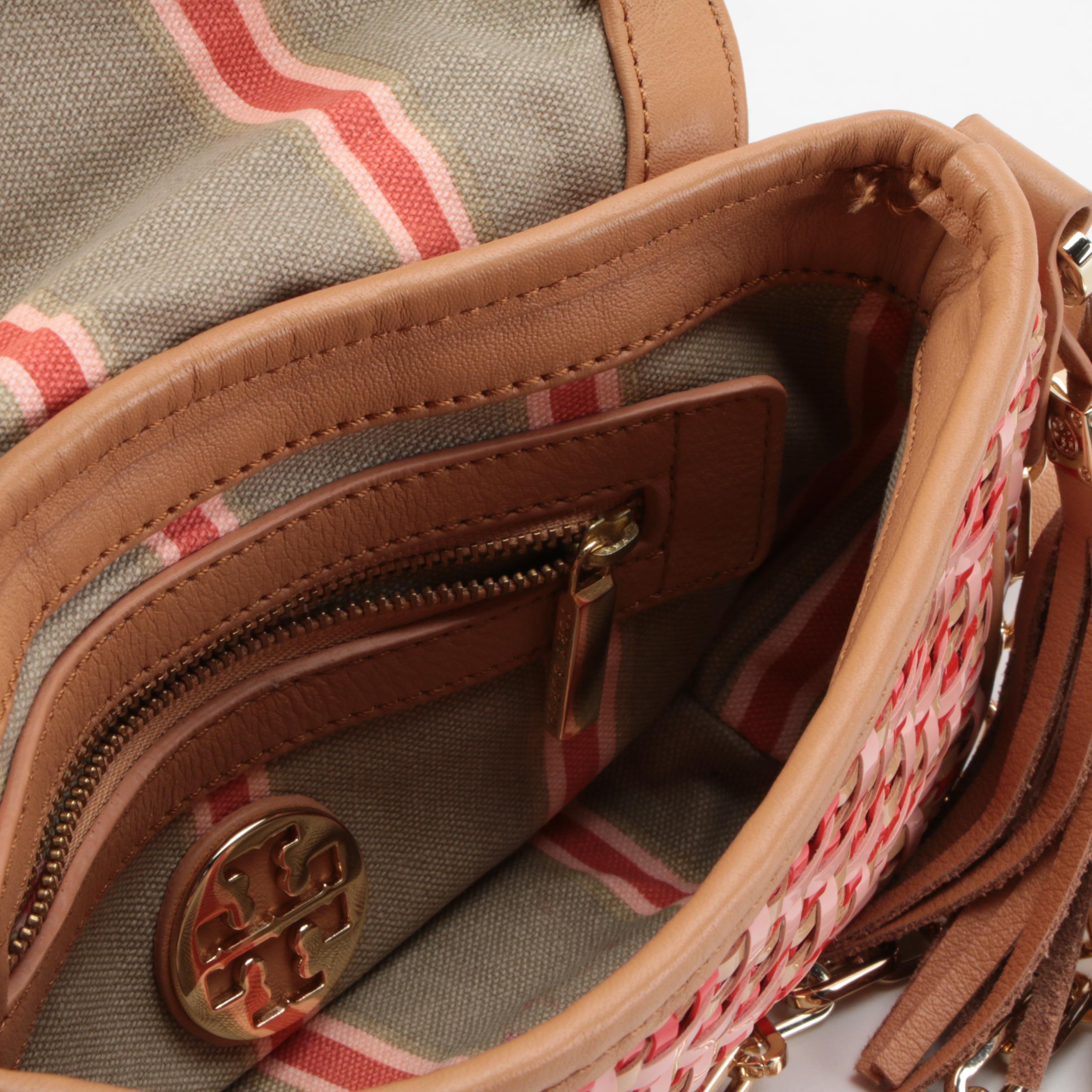 Tory Burch Woven Plastic and Natural Leather Crossbody Bag with Tassel