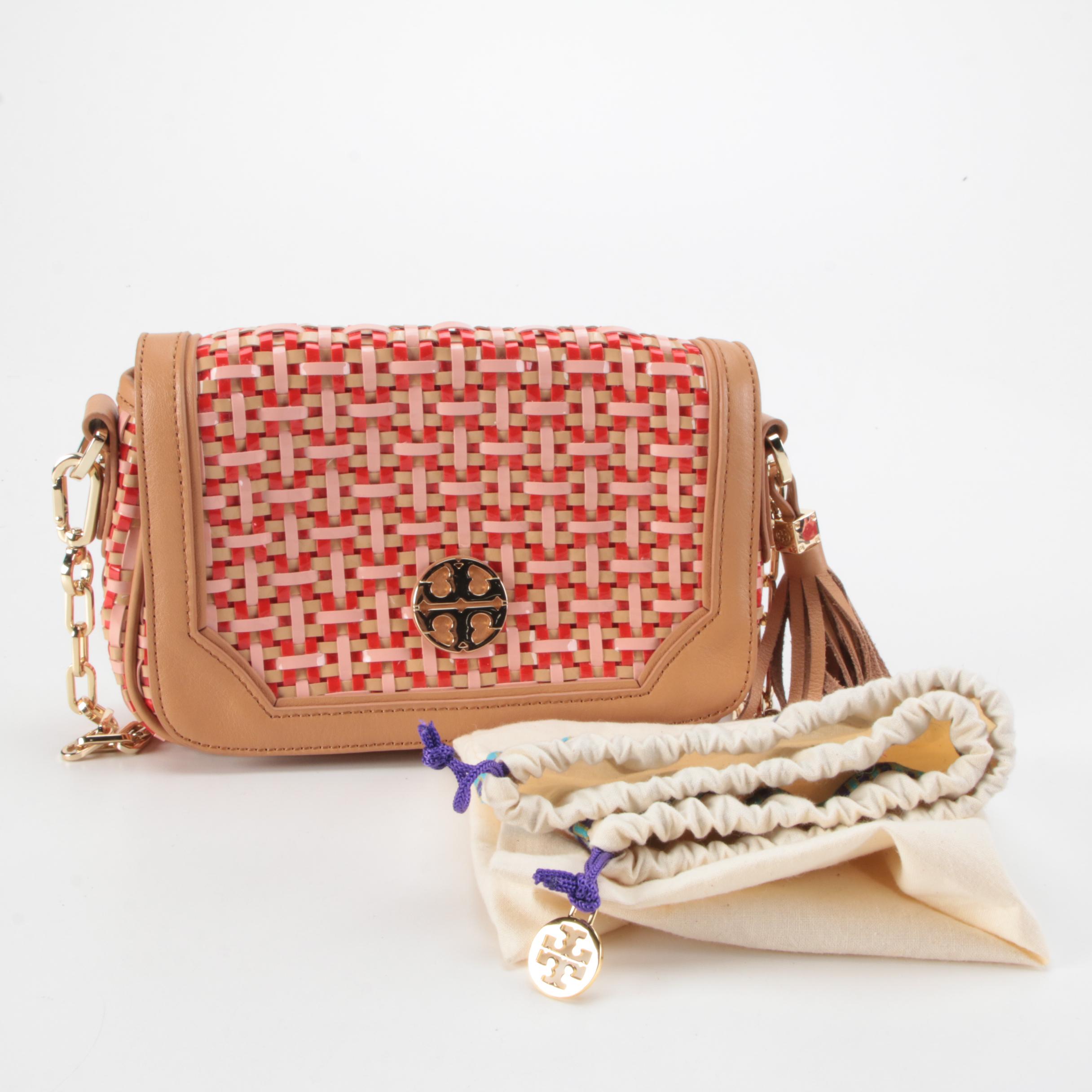 Tory Burch Woven Plastic and Natural Leather Crossbody Bag with Tassel