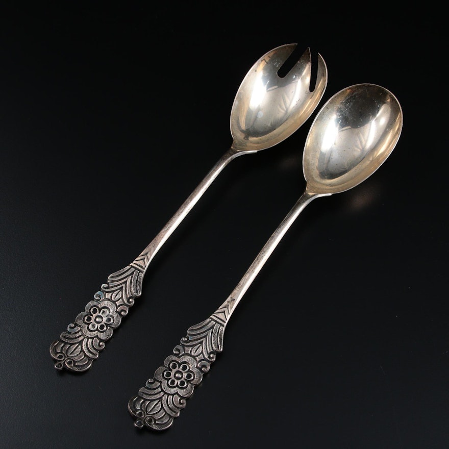 Floral Motif Sterling Silver Salad Servers