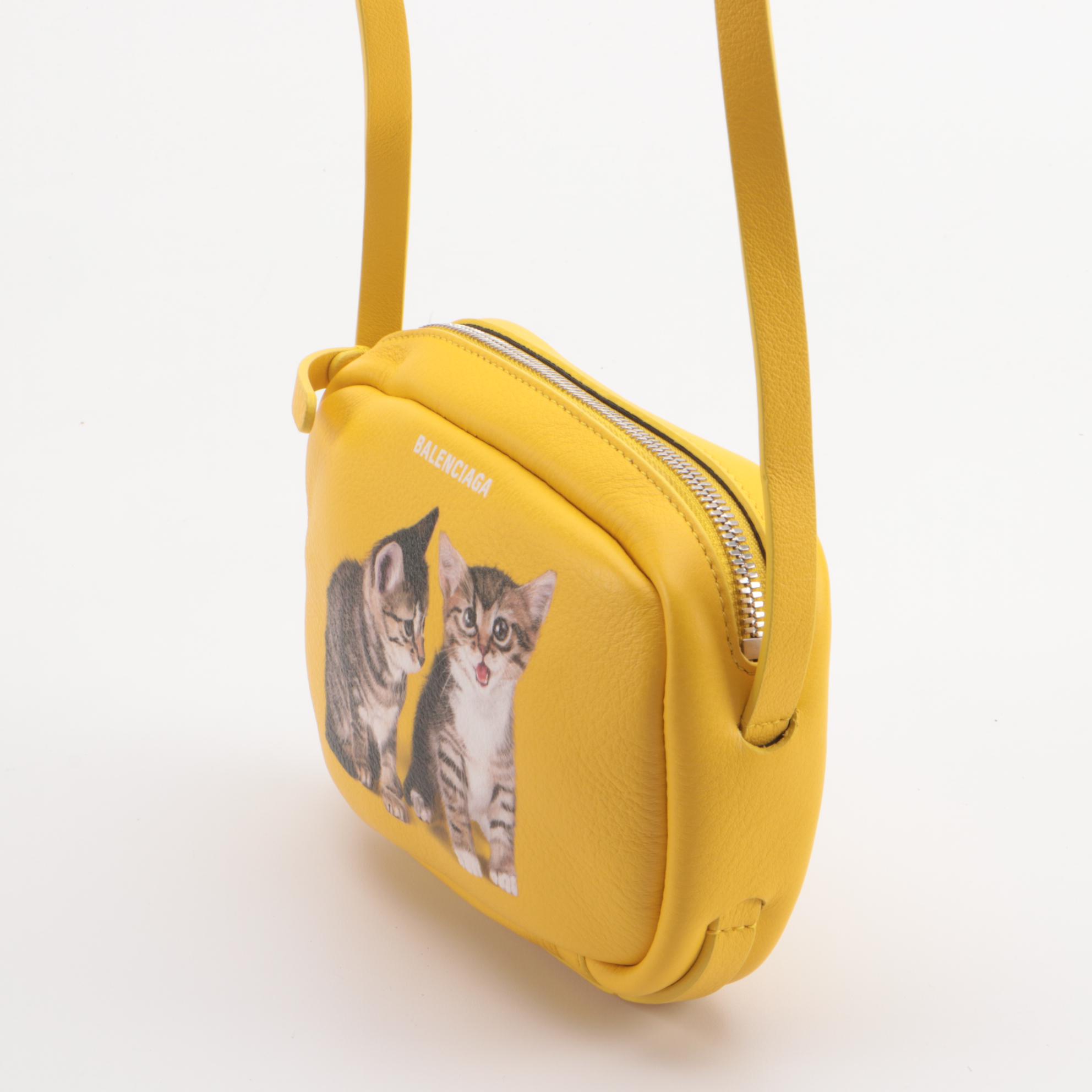 Balenciaga Everyday Kitten Printed Yellow Calfskin Leather Camera Bag