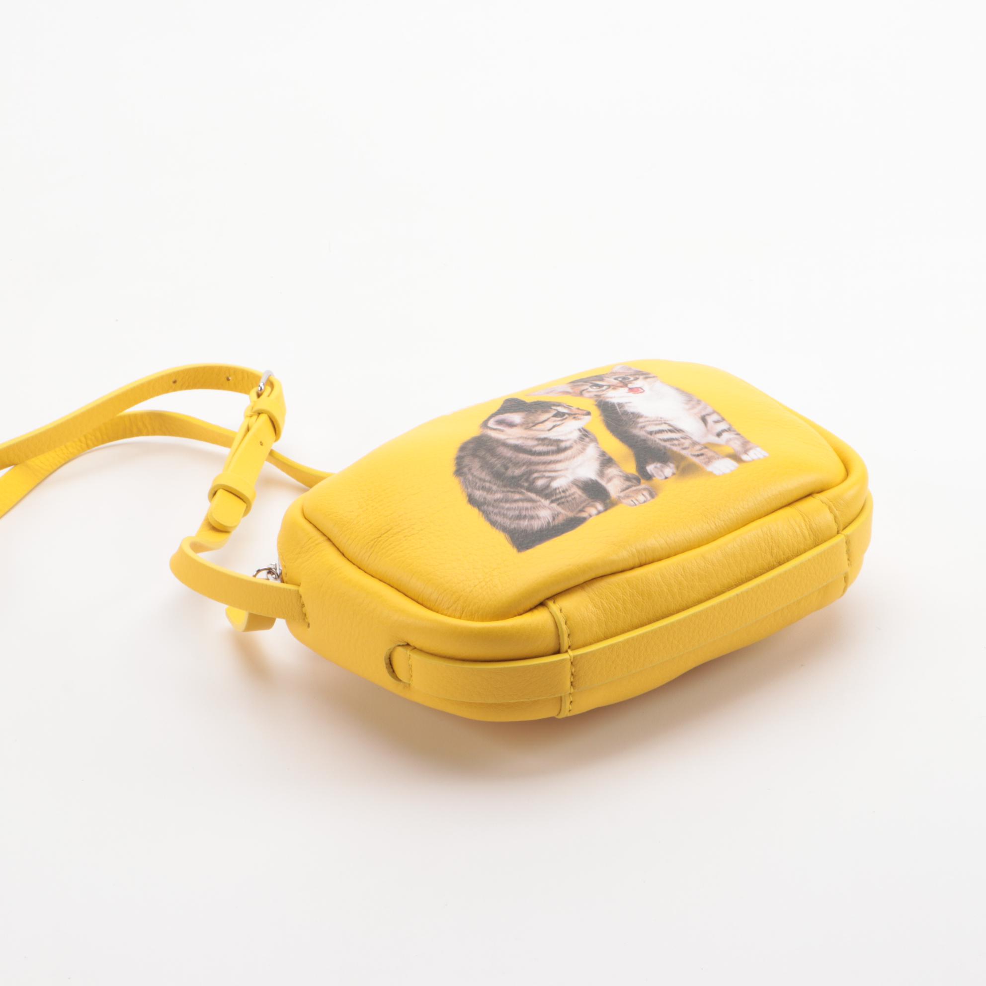 Balenciaga Everyday Kitten Printed Yellow Calfskin Leather Camera Bag