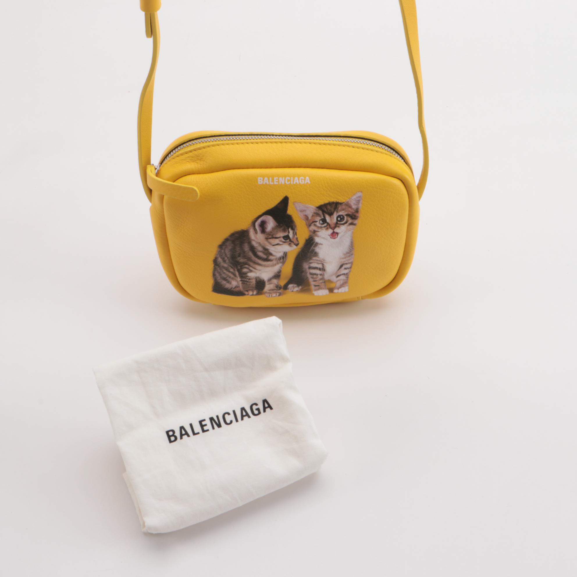 Balenciaga Everyday Kitten Printed Yellow Calfskin Leather Camera Bag