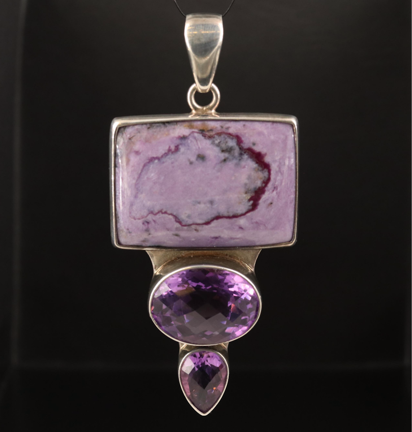 Charles Albert Sterling Amethyst and Charoite Pendant