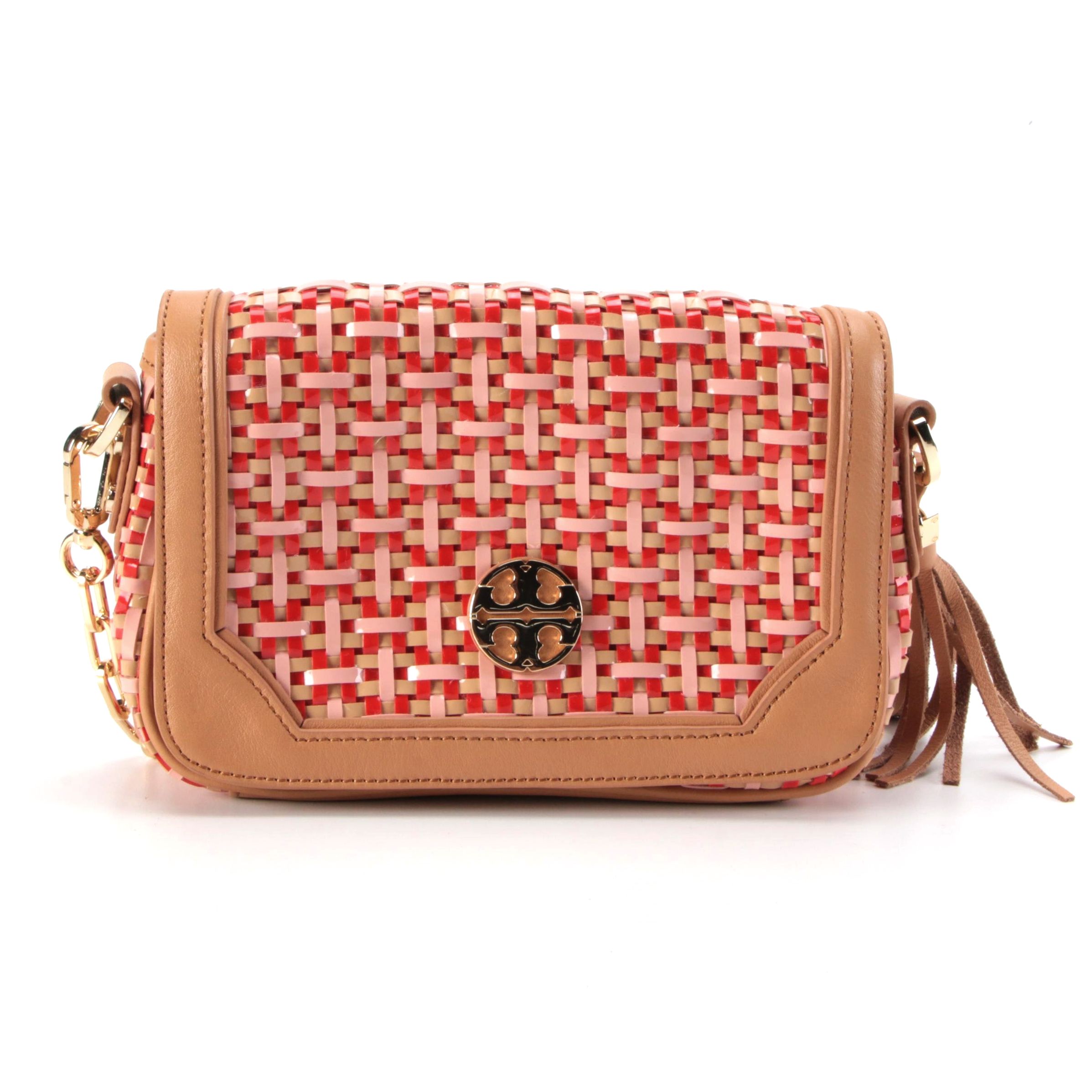 Tory Burch Woven Plastic and Natural Leather Crossbody Bag with Tassel