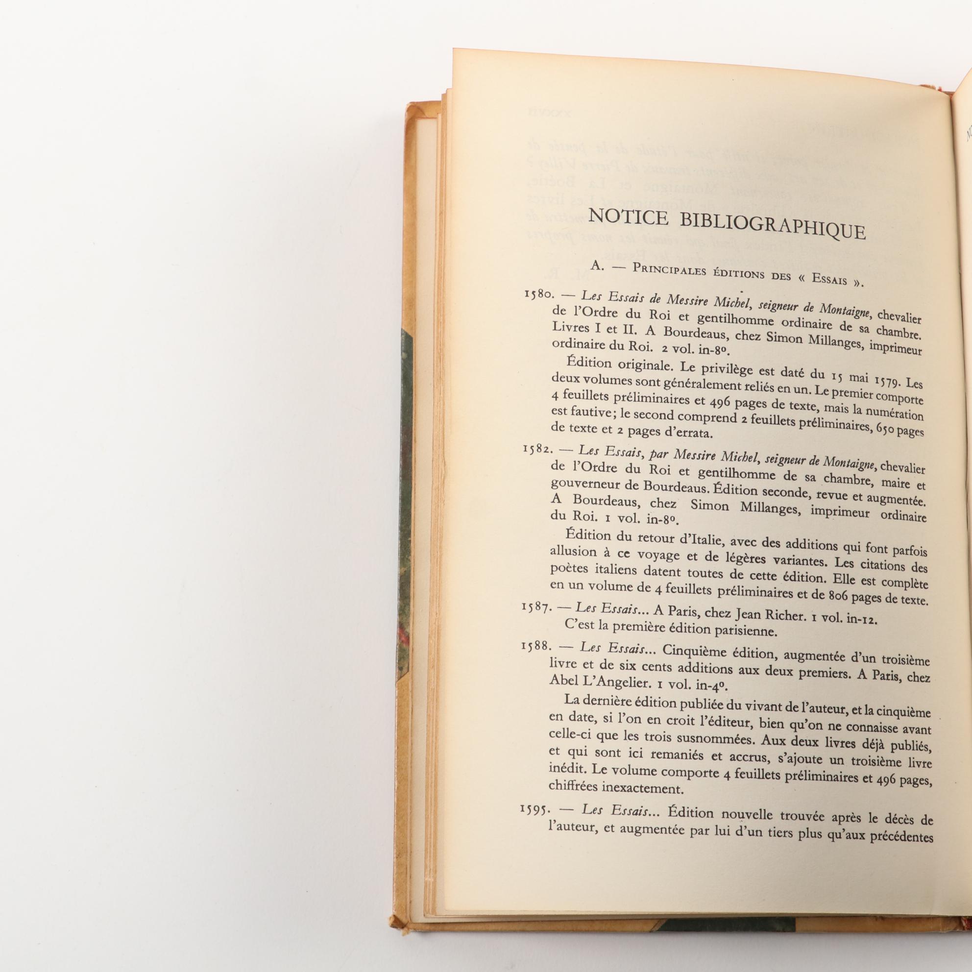 French Language "Essais" Three-Volume Set by Michel de Montaigne, c. 1952