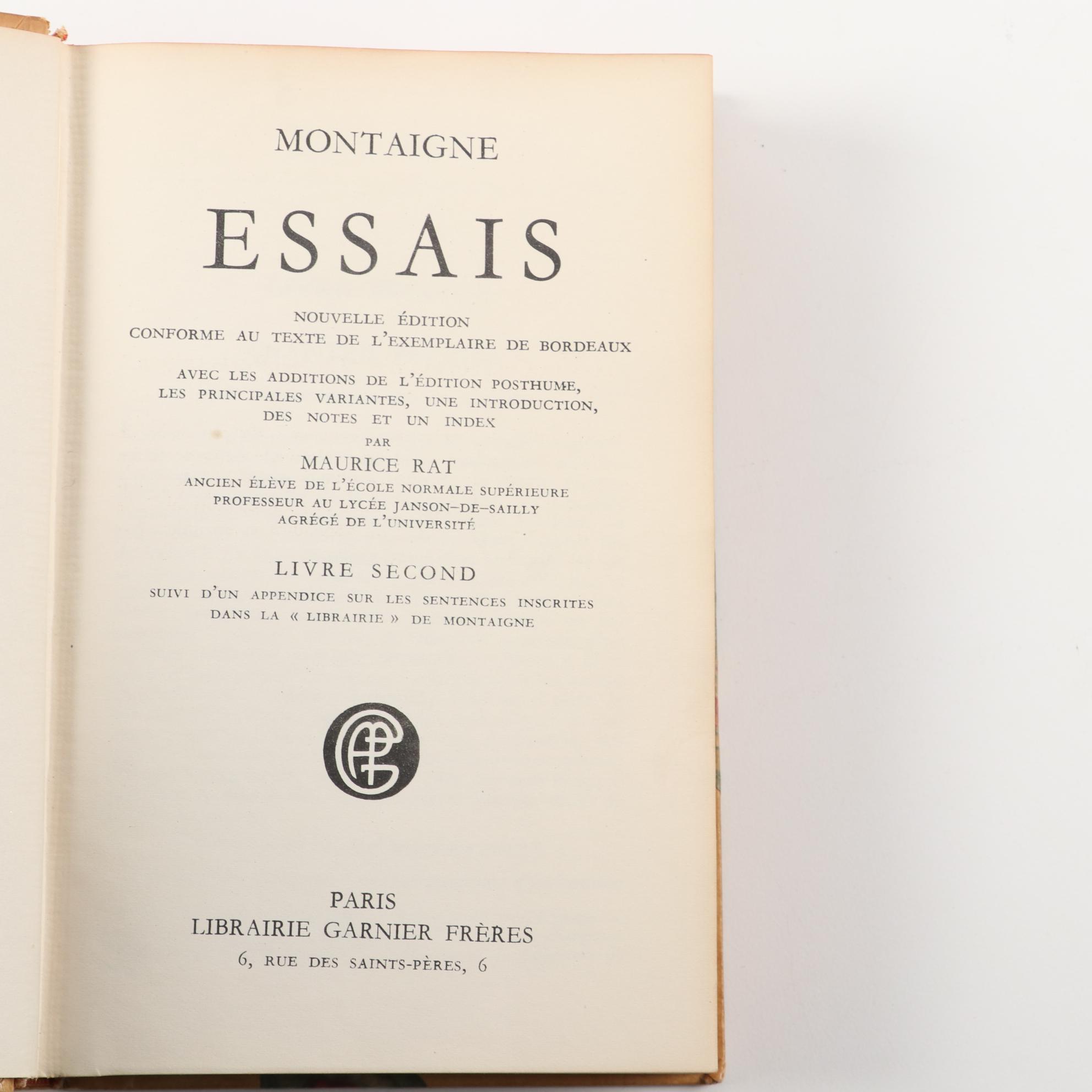 French Language "Essais" Three-Volume Set by Michel de Montaigne, c. 1952