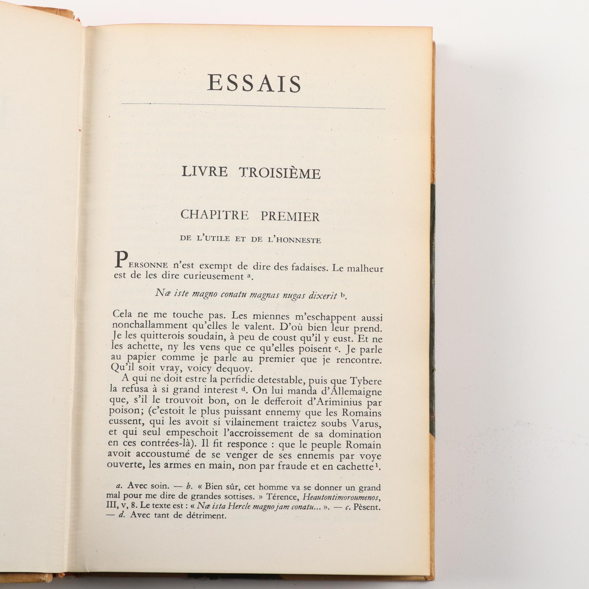 French Language "Essais" Three-Volume Set by Michel de Montaigne, c. 1952