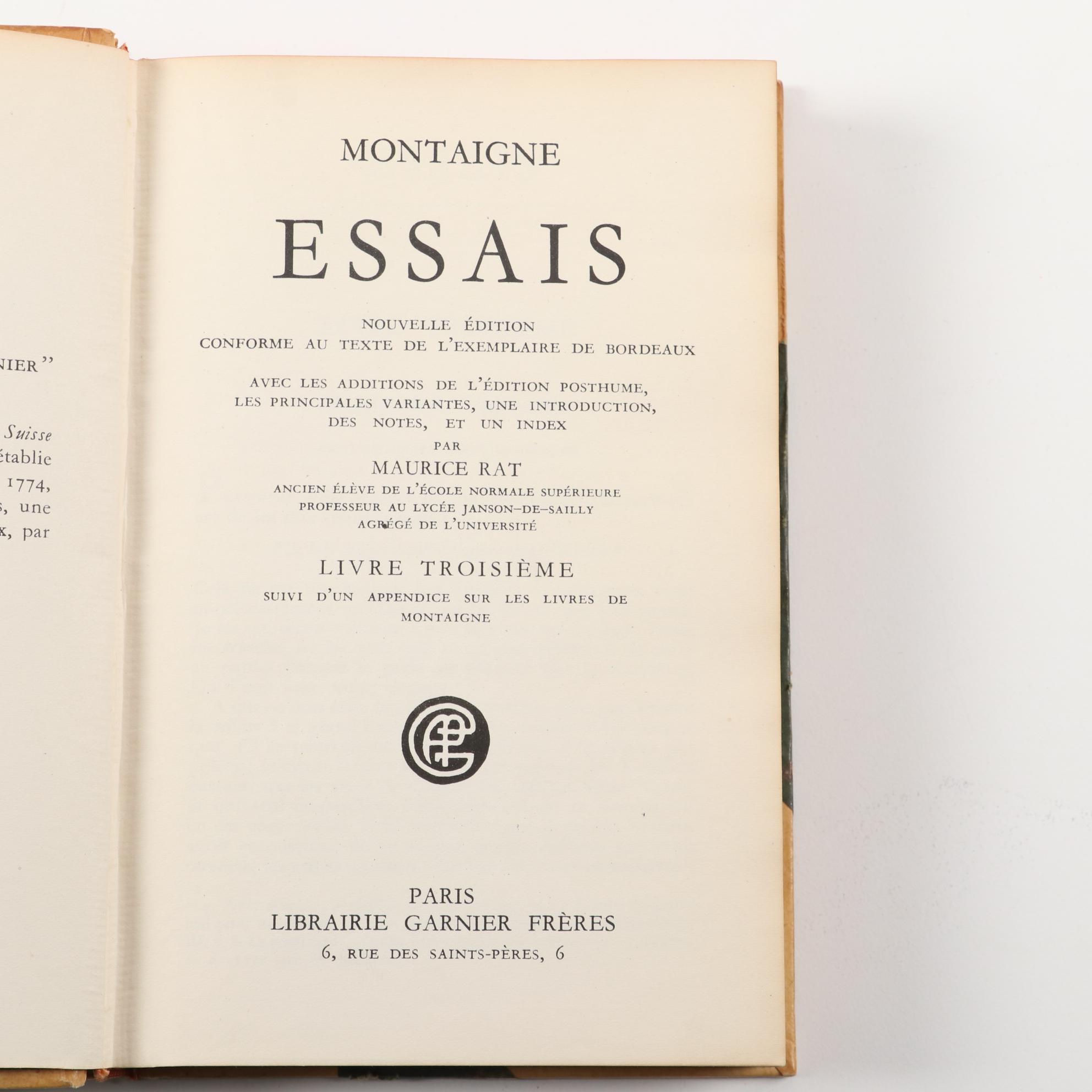 French Language "Essais" Three-Volume Set by Michel de Montaigne, c. 1952