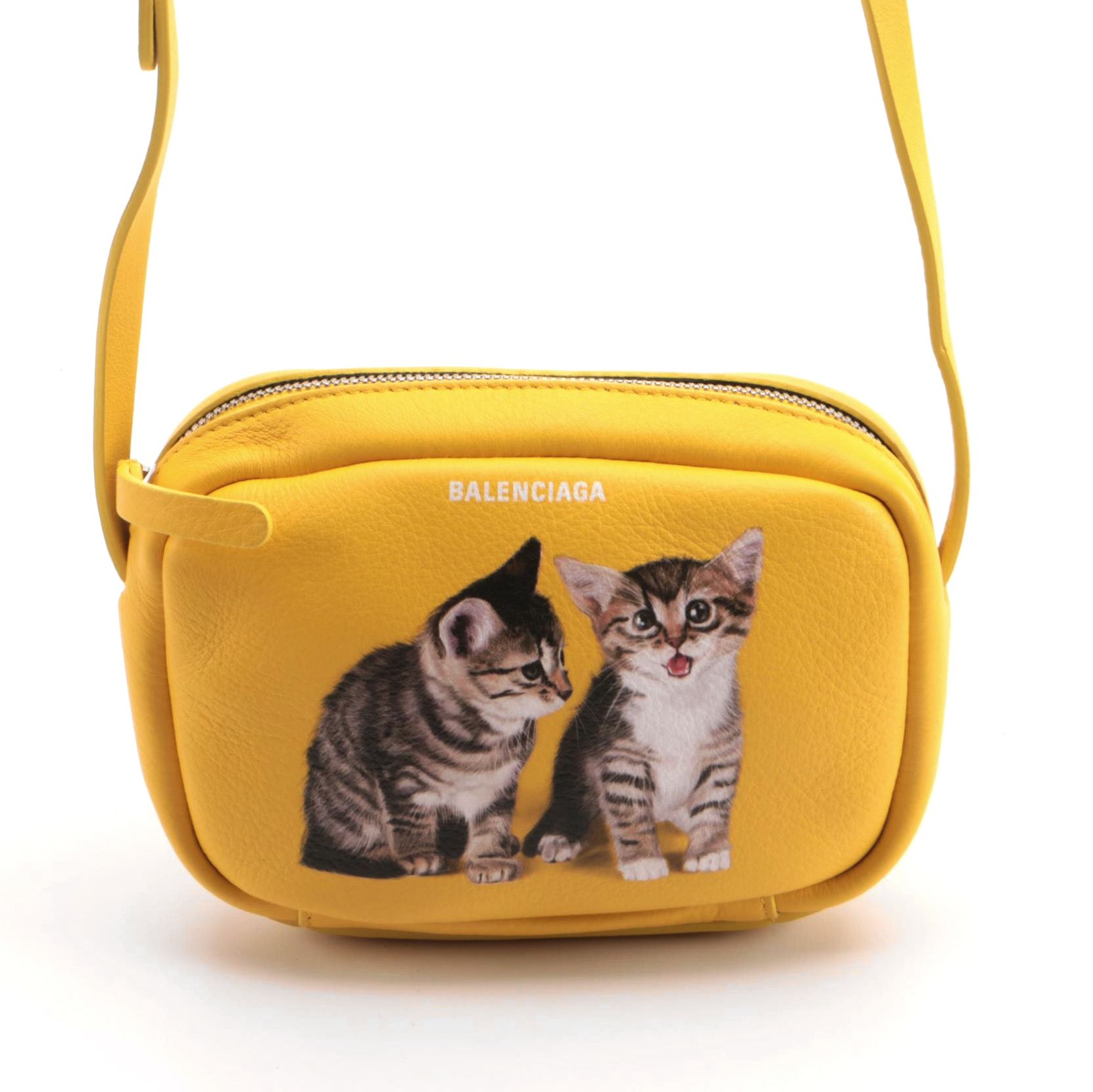 Balenciaga Everyday Kitten Printed Yellow Calfskin Leather Camera Bag