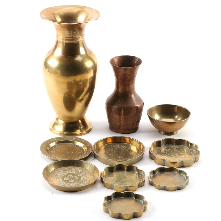 Etched Small Dishes and Other Brass and Copper Tableware, Mid to Late 20th C.