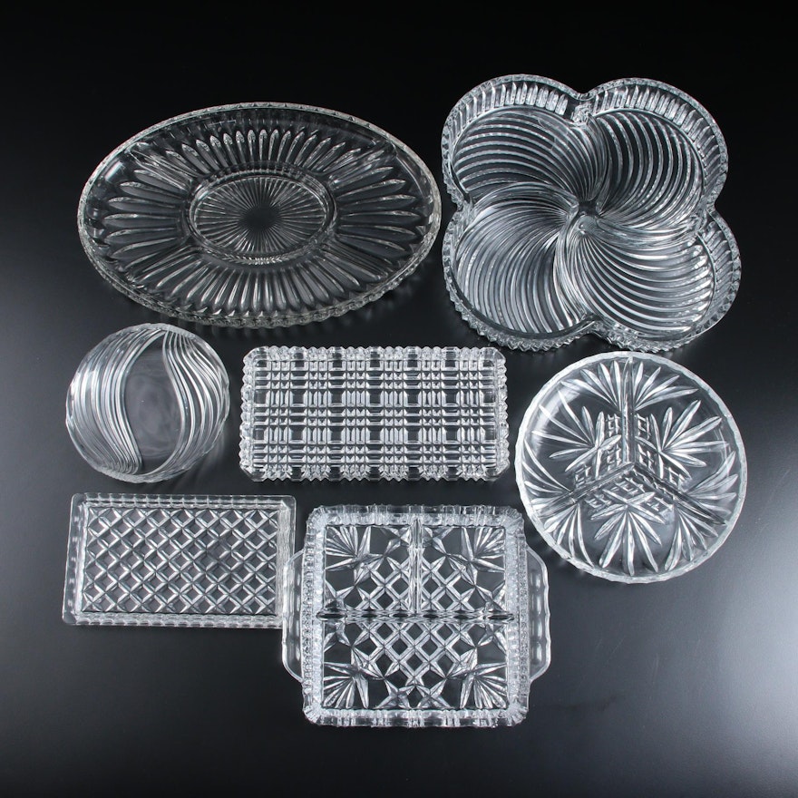 Clear Pressed Glass Serving Trays and Platters, Mid to Late 20th Century