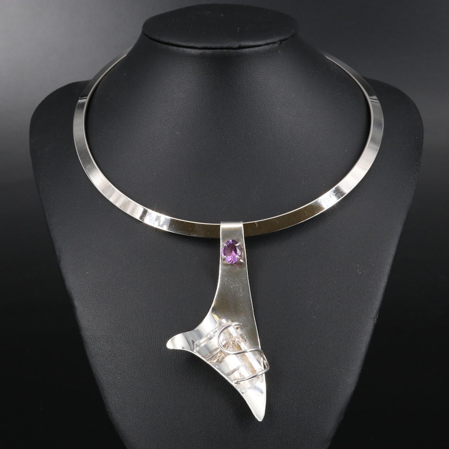 Carol Felley Sterling Amethyst and Rock Crystal Quartz Pendant on Collar