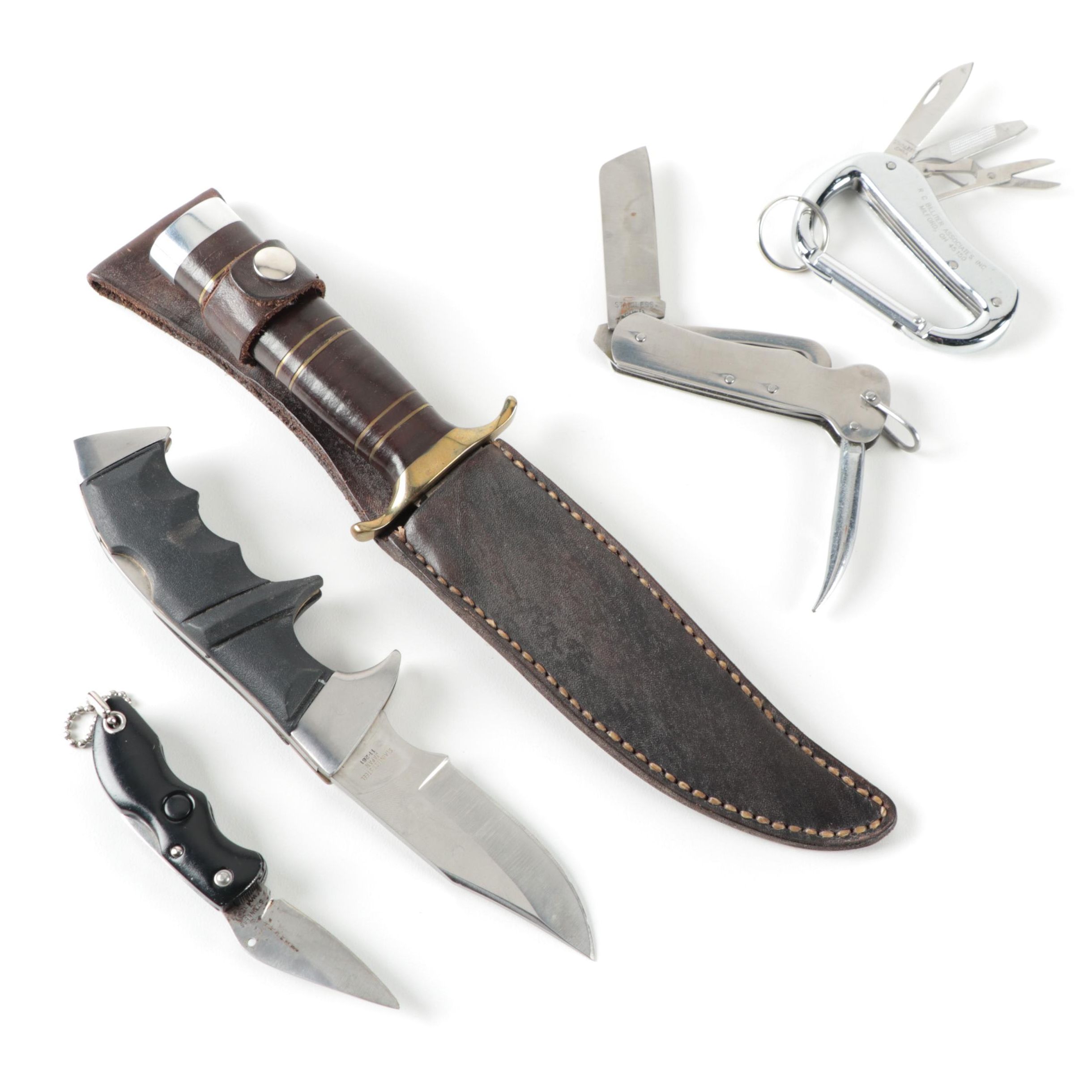 Fixed Blade Clip Point Hunting Knife with Collection of Folding Knives