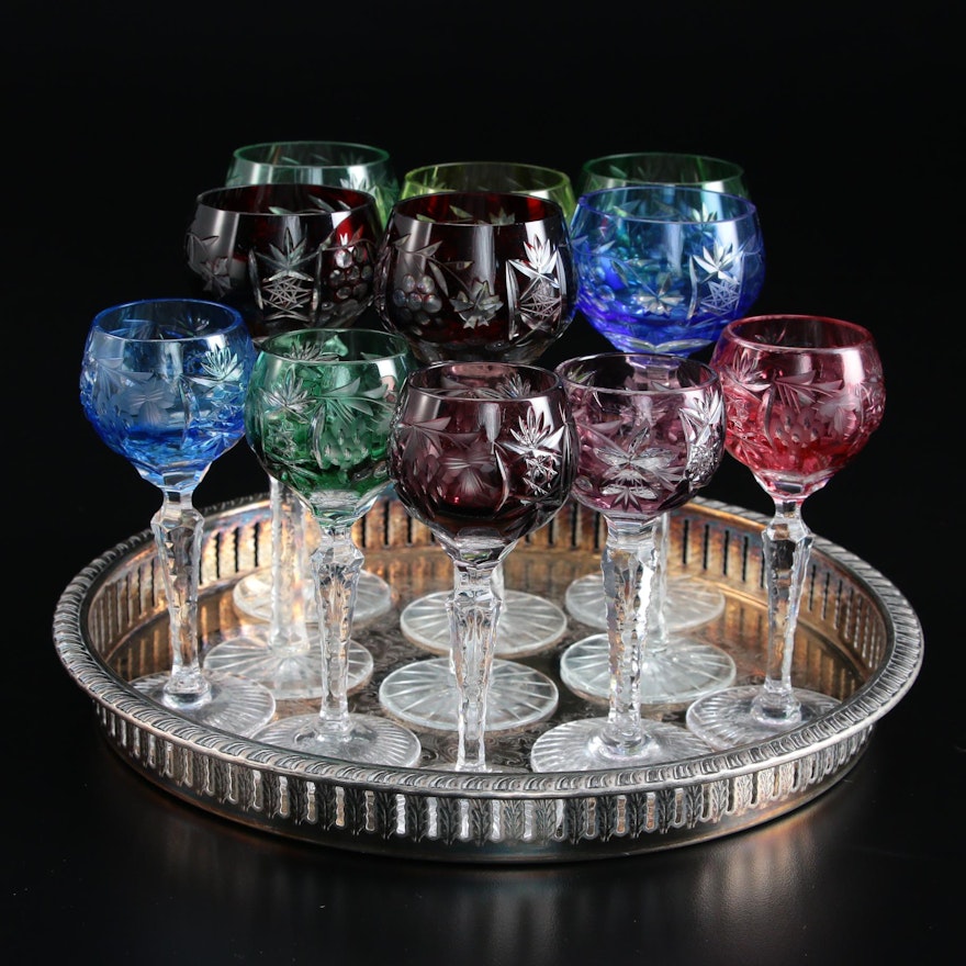 Bohemian Style Multicolored Cut to Clear Cordial Glasses with Silver Plate Tray