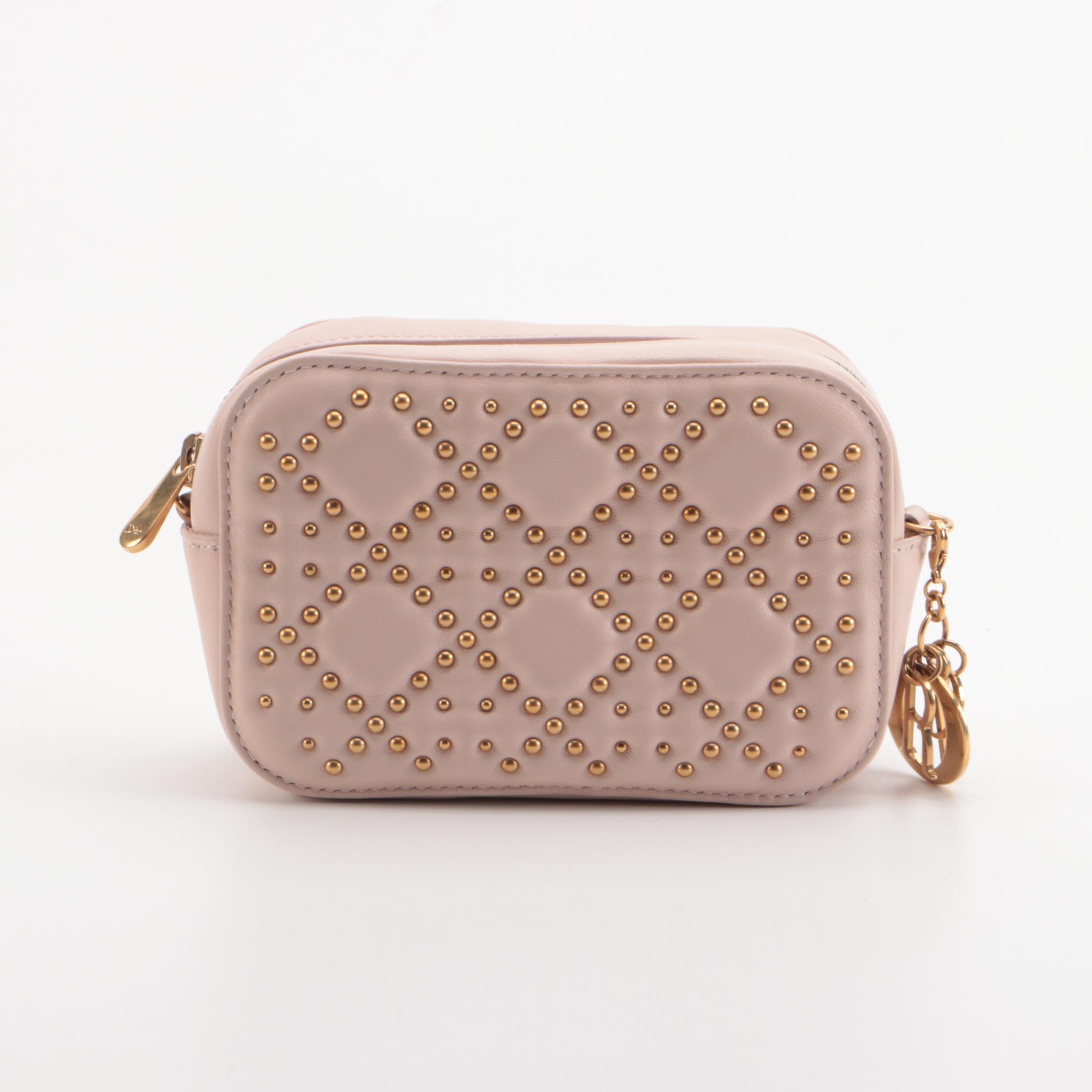 Christian Dior Lady Dior Small Camera Pouch in Brass Studded Blush Pink Leather
