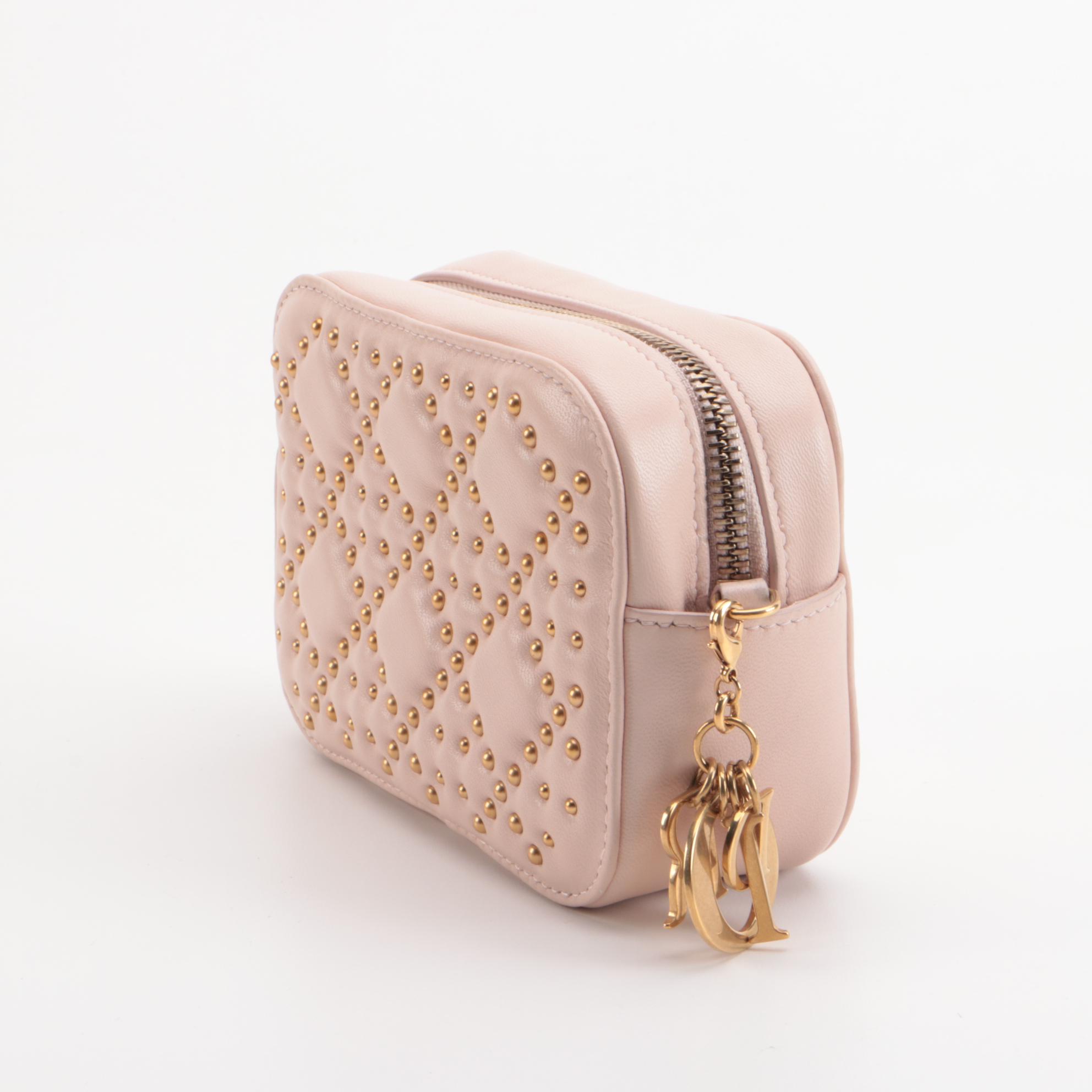 Christian Dior Lady Dior Small Camera Pouch in Brass Studded Blush Pink Leather