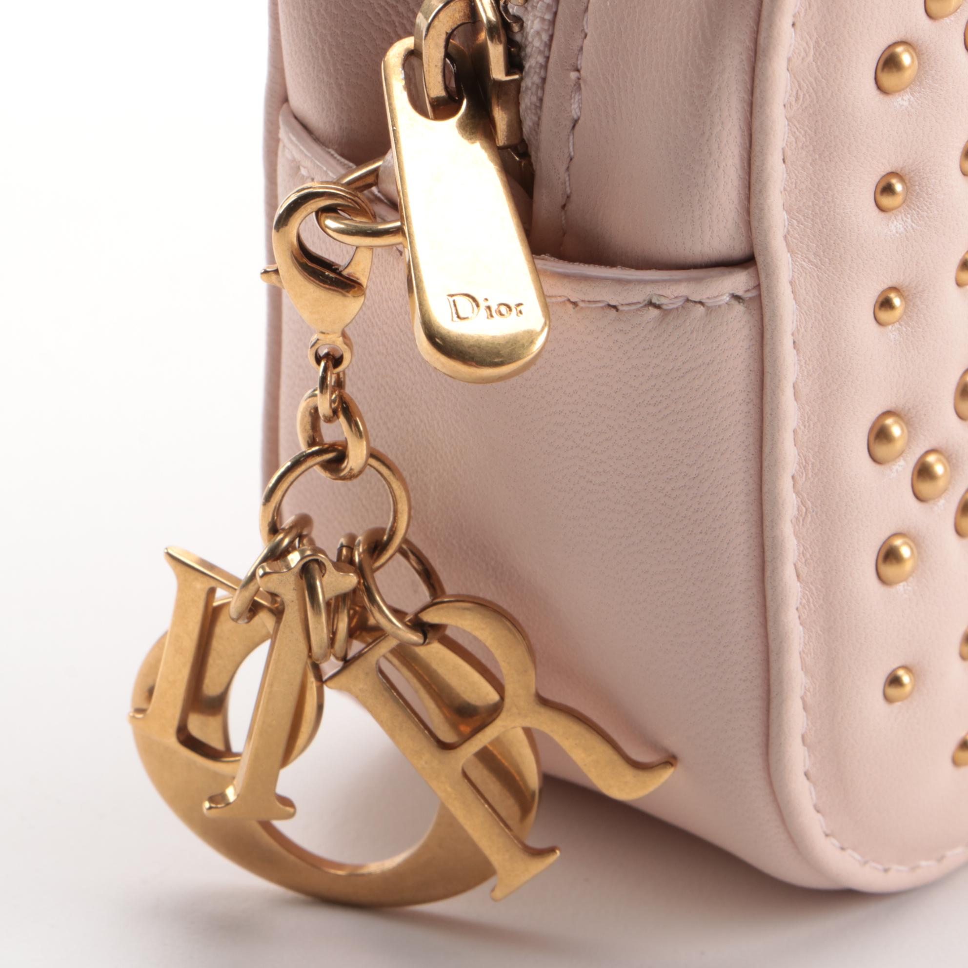 Christian Dior Lady Dior Small Camera Pouch in Brass Studded Blush Pink Leather