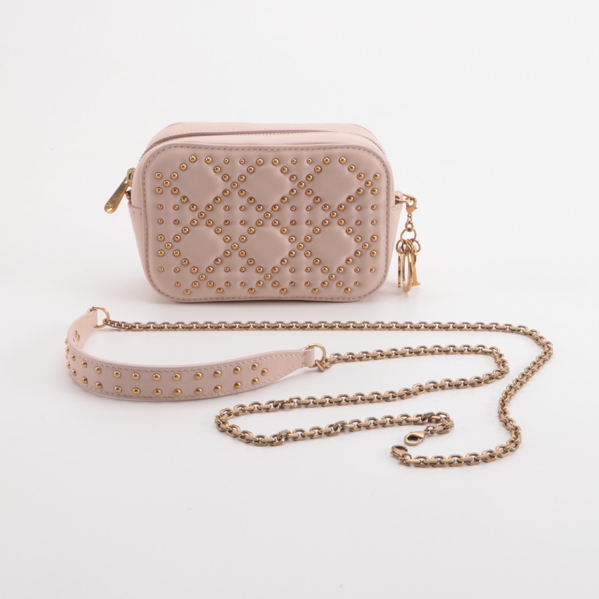 Christian Dior Lady Dior Small Camera Pouch in Brass Studded Blush Pink Leather
