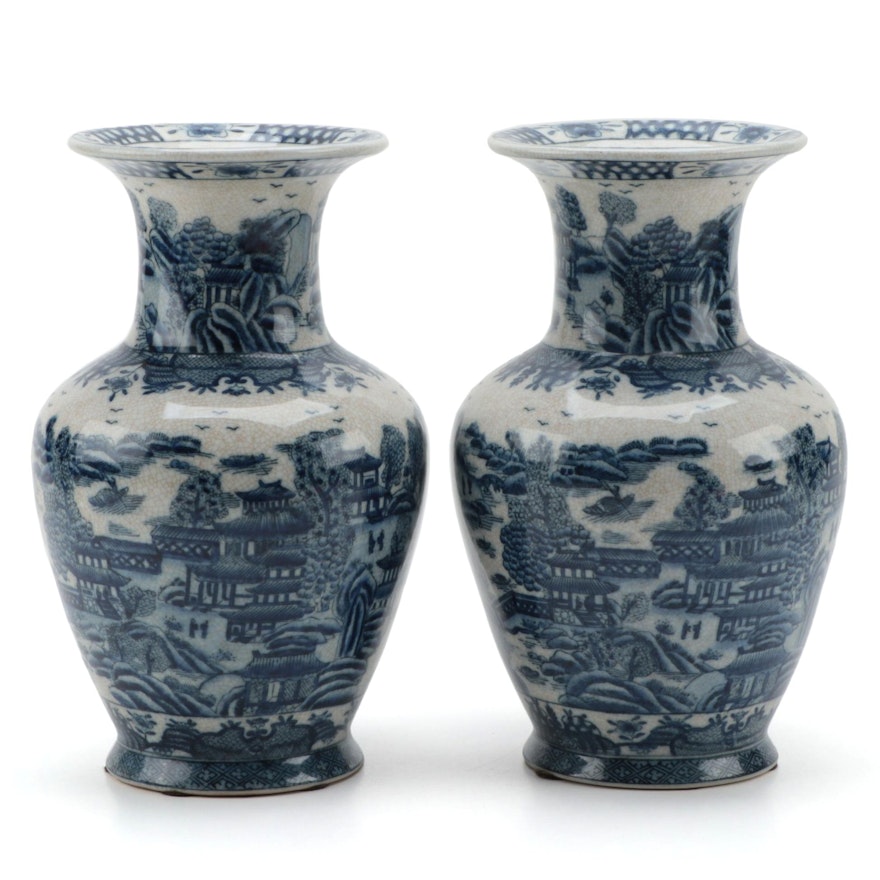 United Wilson Chinese Canton Style Blue and White Ceramic Vases