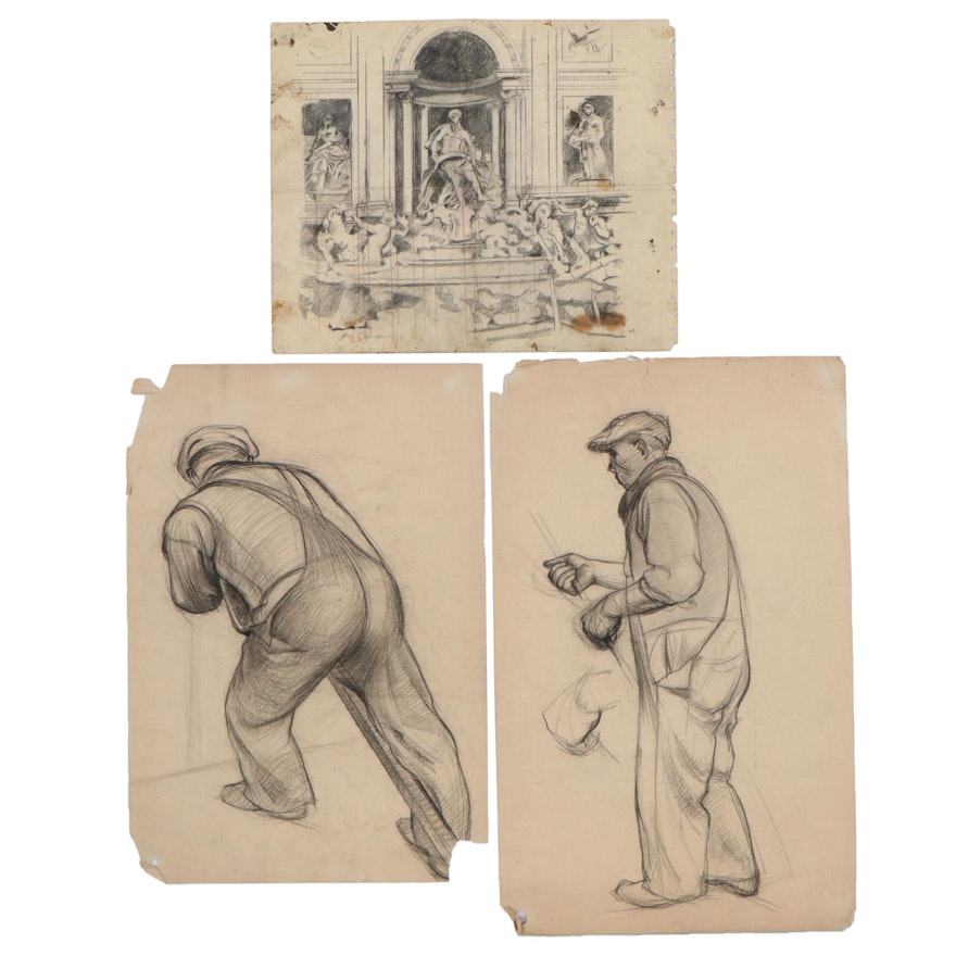 Edgar Yaeger Figural Charcoal Sketches and Fountain Drawing