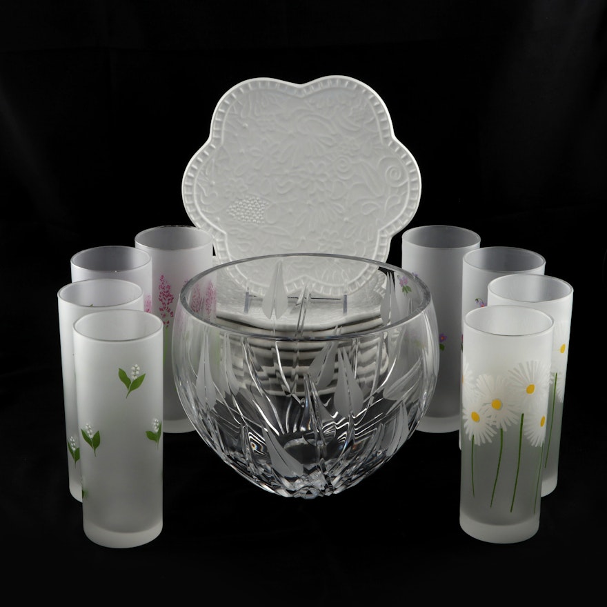 Studio Nora Salad Plates, Frosted Floral Tumblers and Crystal Serving Bowl