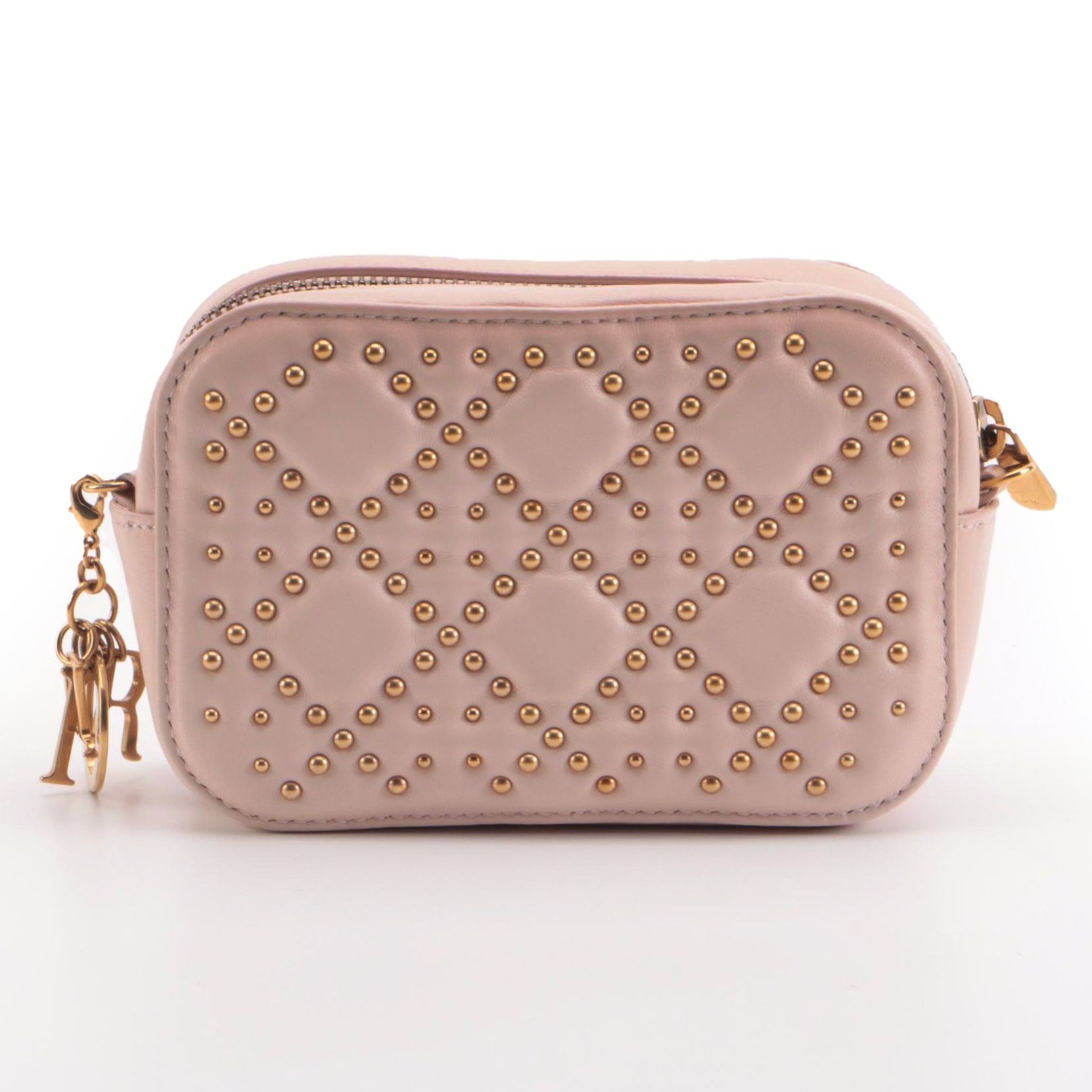 Christian Dior Lady Dior Small Camera Pouch in Brass Studded Blush Pink Leather