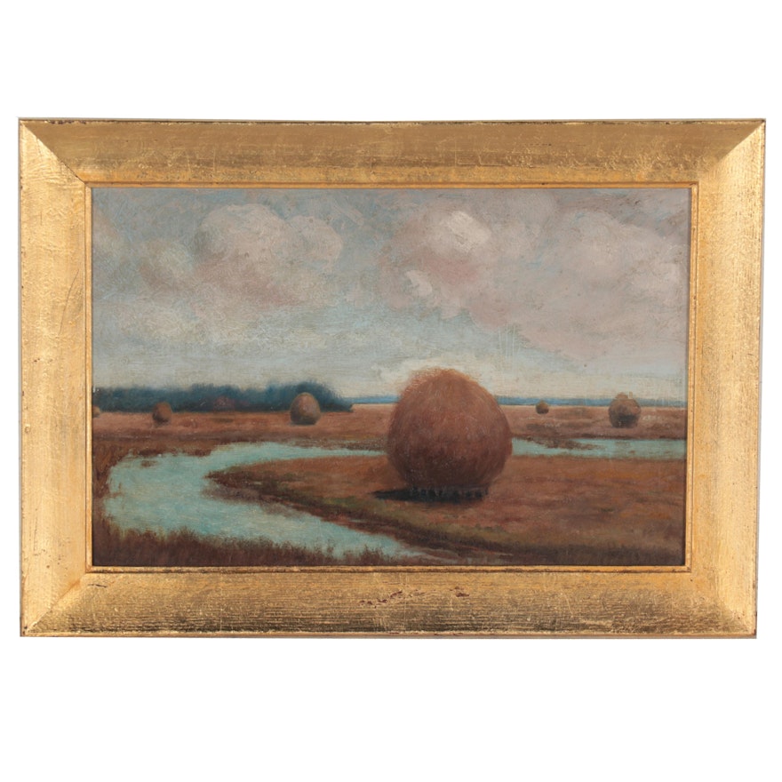 Landscape Oil Painting of Haystacks, Early 20th Century