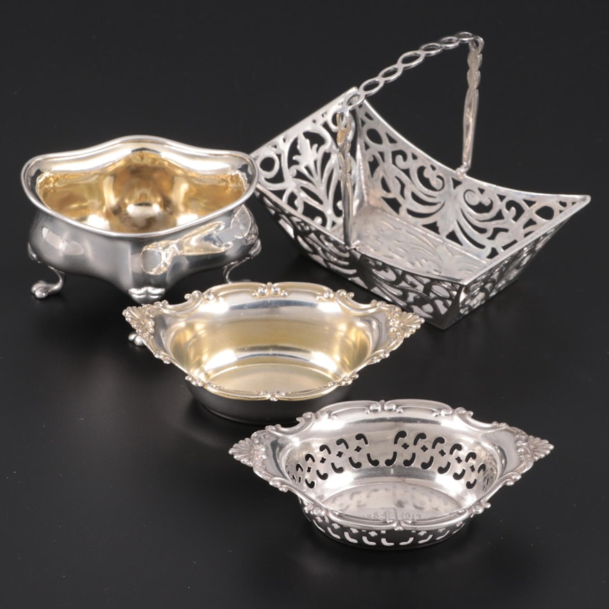 Gorham Sterling Silver Nut Dishes with English Sterling Salt Cellar and Basket