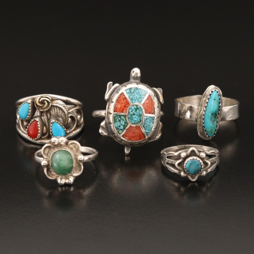 Southwestern Rings Including Turquoise, Aventurine and Stone Inlay