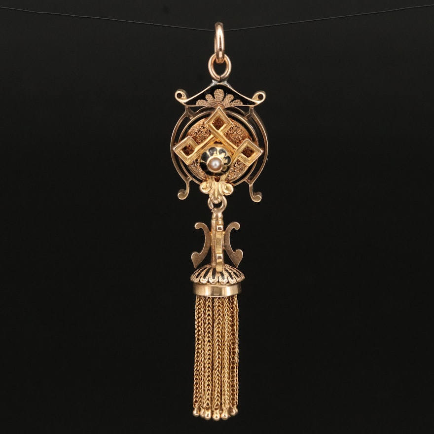 Victorian 14K Pearl and Taille d'Epargne Pendant with 18K Foxtail Tassel