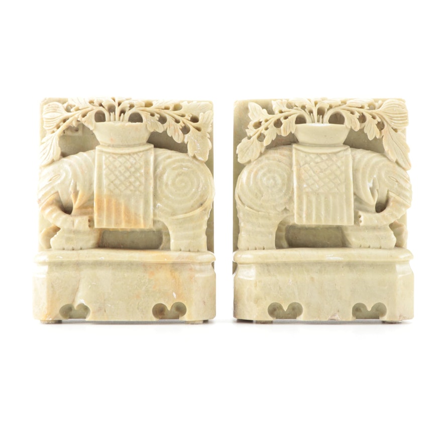 Chinese Carved Soapstone Elephant Bookends