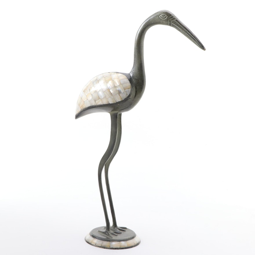 Metal Crane Figurine with Mother-of-Pearl Inlay, Late 20th Century