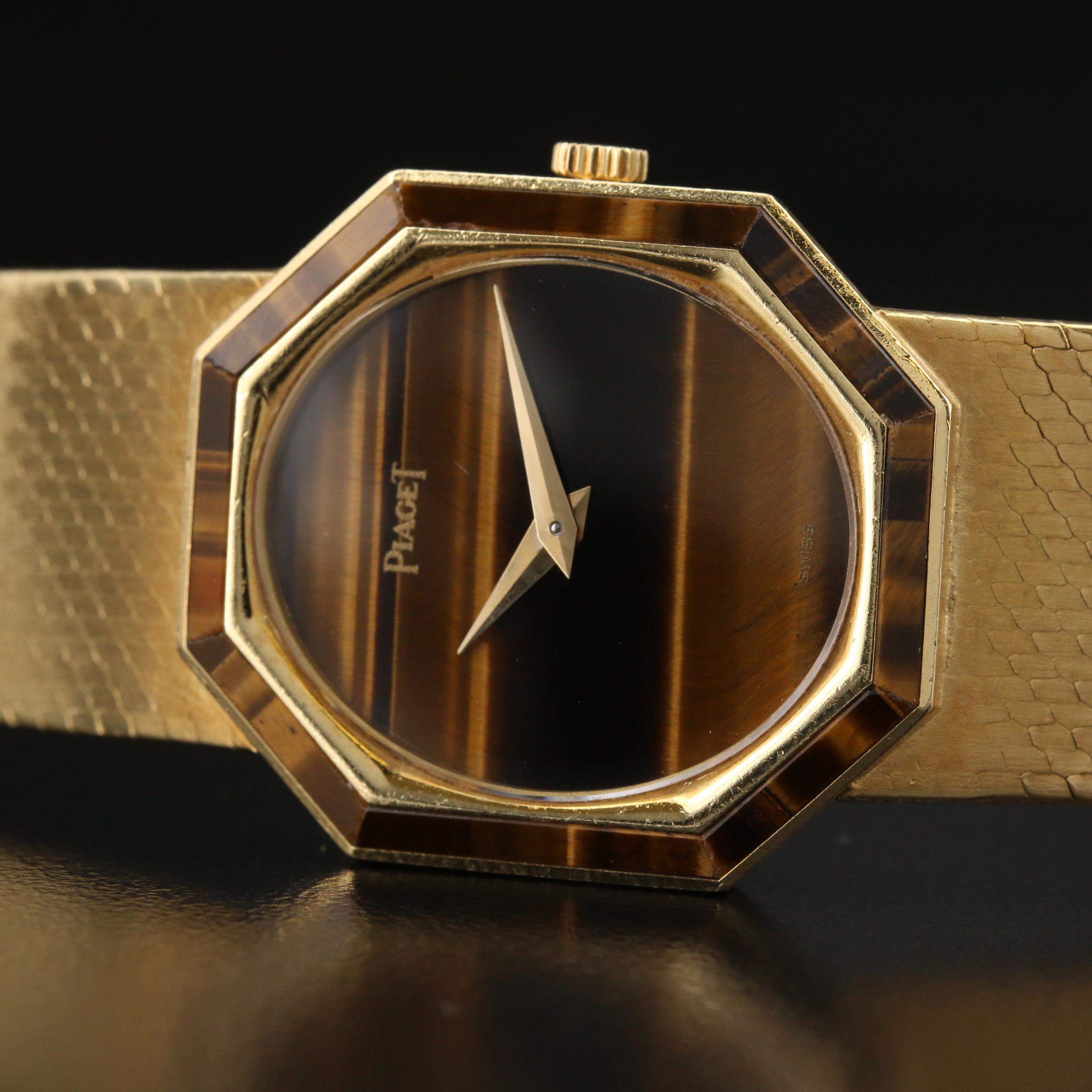 Vintage Piaget Tiger's Eye and 18K Gold Stem Wind Watch