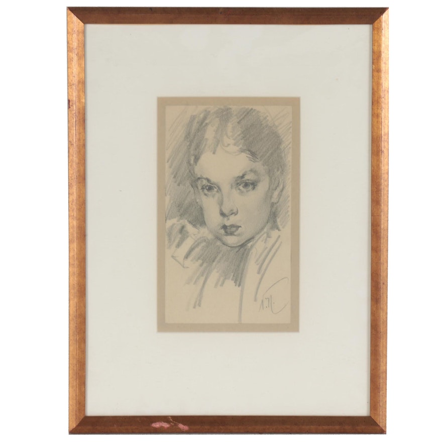 Vincent Nesbert Graphite Portrait Drawing of Woman, circa 1950