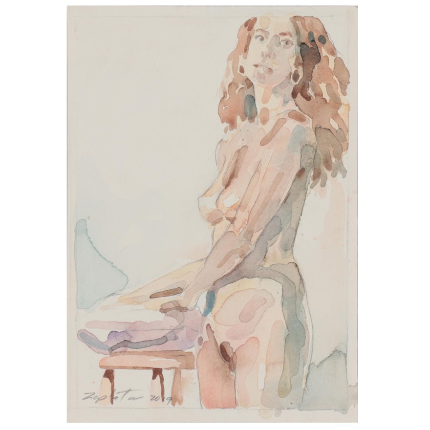 Raymond Zaplatar Double-Sided Watercolor Painting  of Female Figures, 2019