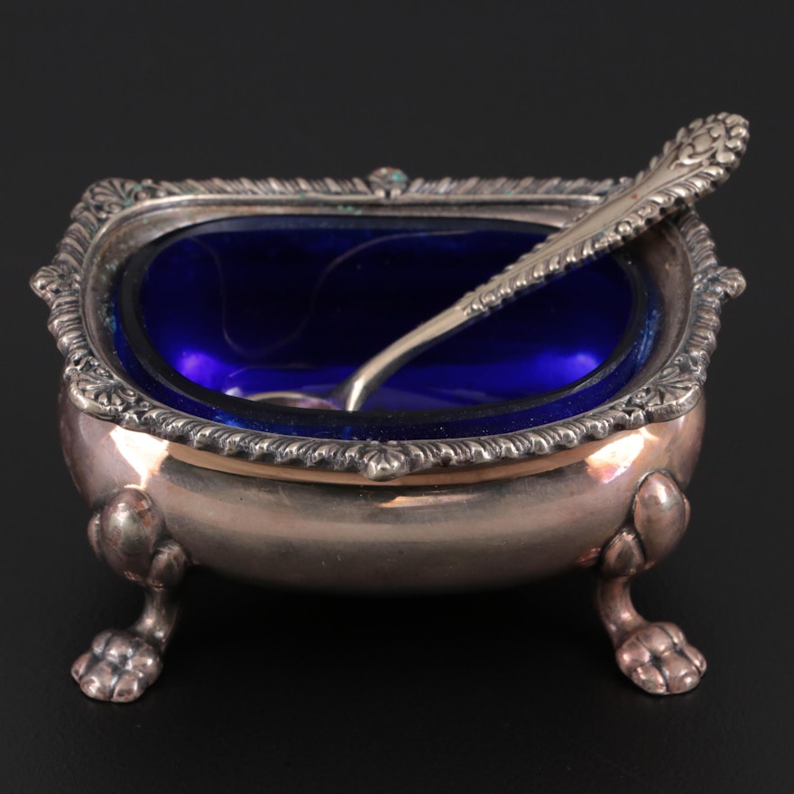 Birks Silver Plate and Cobalt Glass Salt Cellar and Spoon, Early 20th Century