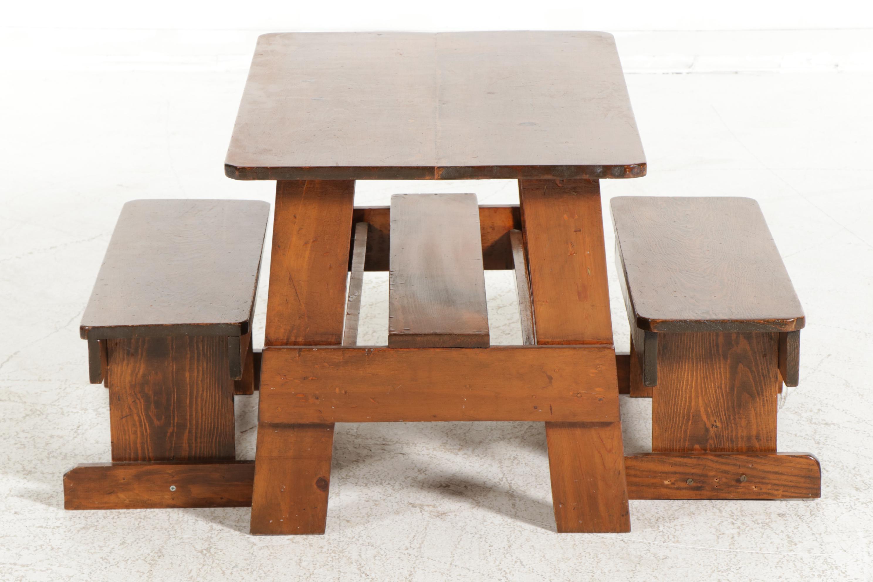 Rustic Pine Child's Table and Benches, 21st Century