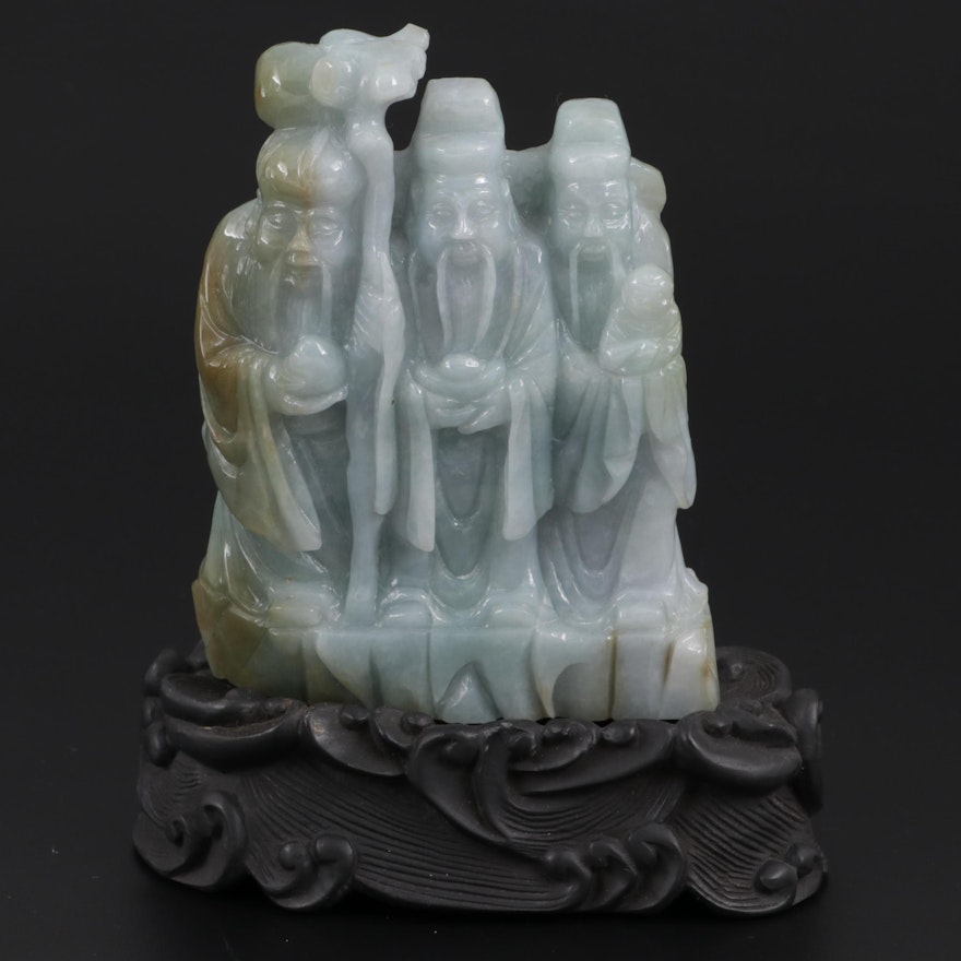 Chinese Carved Jadeite Fortune Deities Figurine with Composite Stand