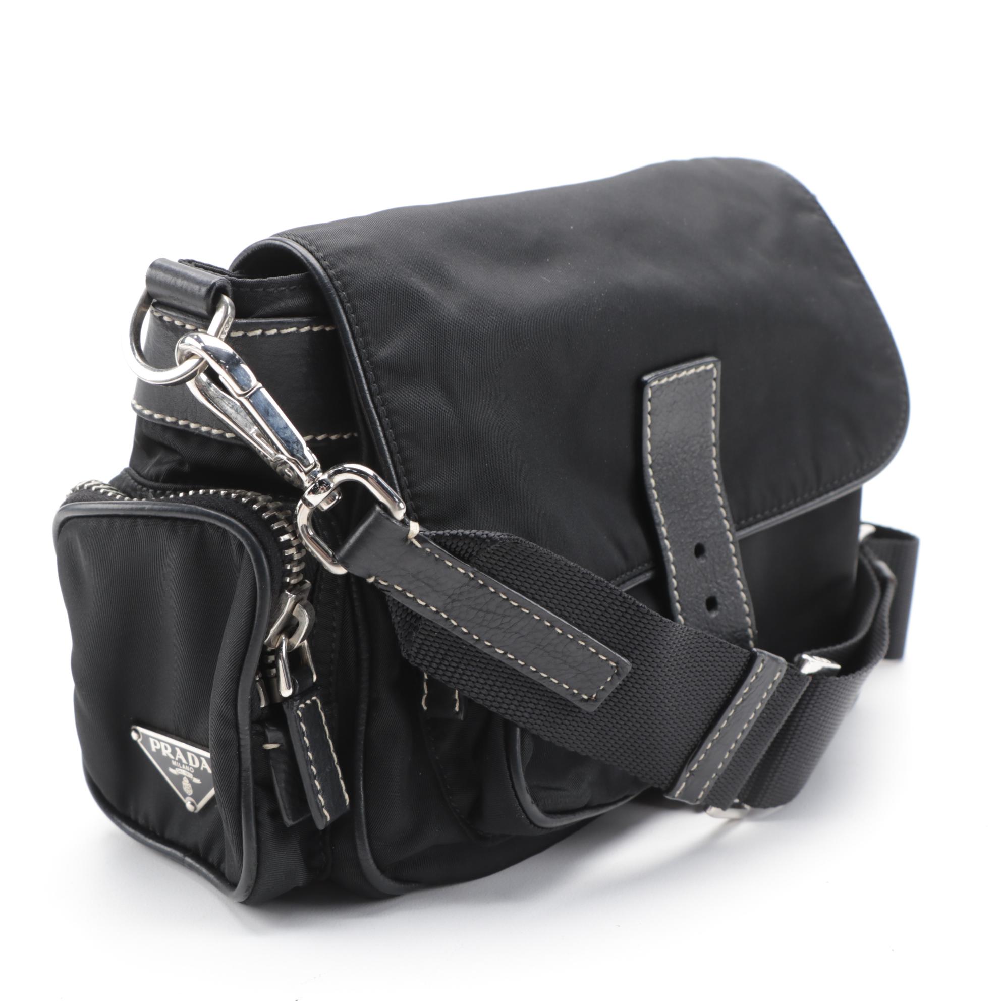 Prada Black Tessuto and Contrast-Stitched Leather Crossbody Bag