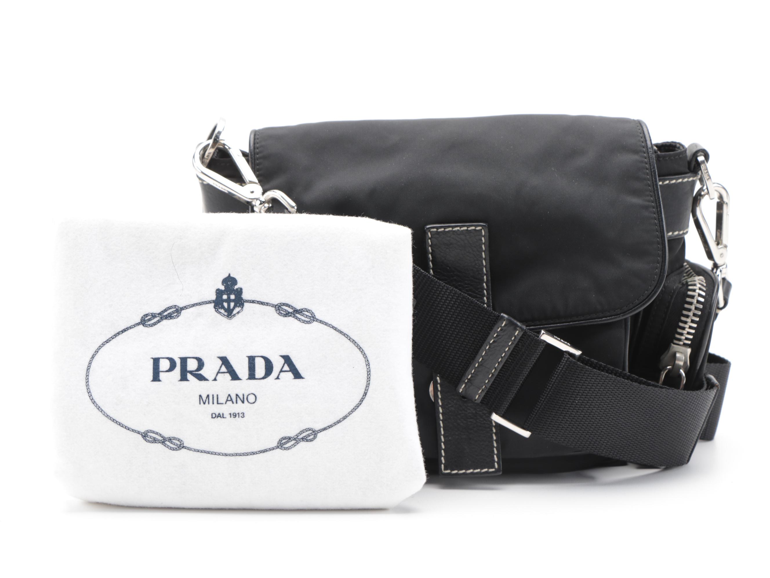 Prada Black Tessuto and Contrast-Stitched Leather Crossbody Bag