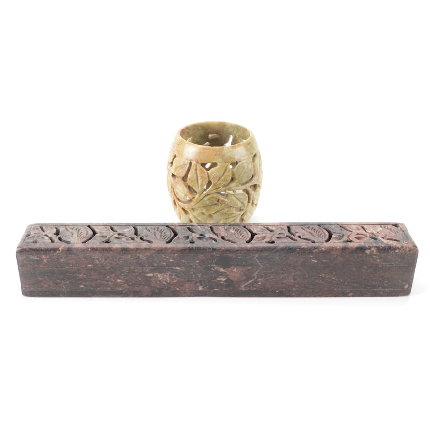 Chinese Carved Marble Calligraphy Pen Box and Soapstone Brush Pot