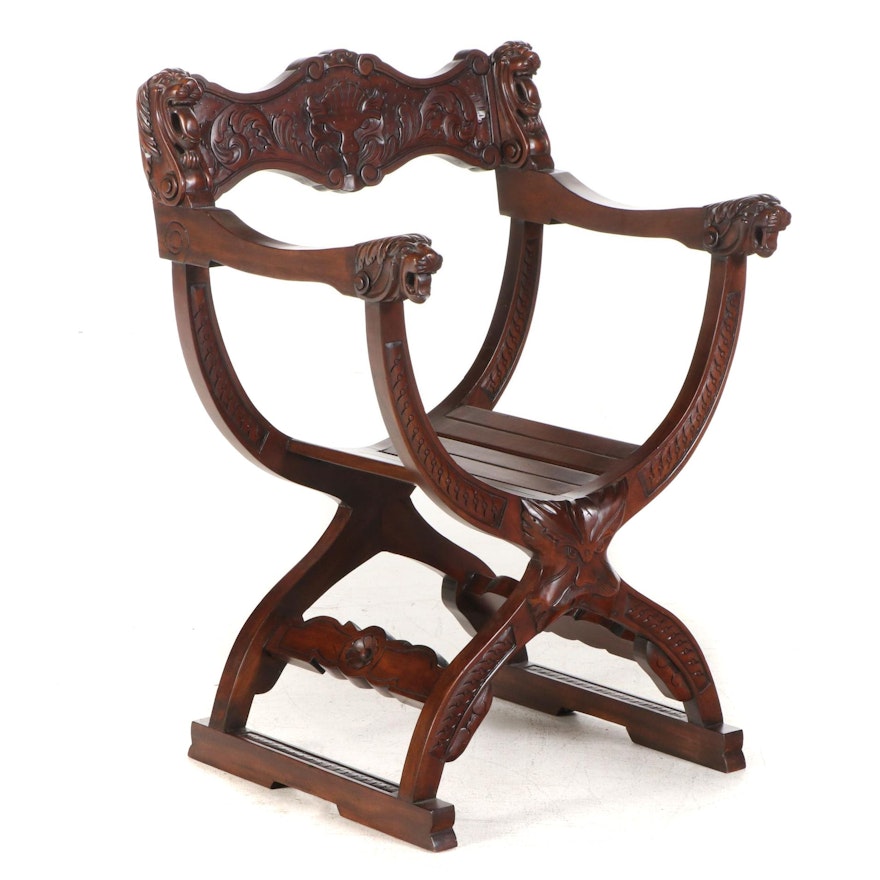 Renaissance Style Carved Mahogany Savonarola Chair, 20th Century