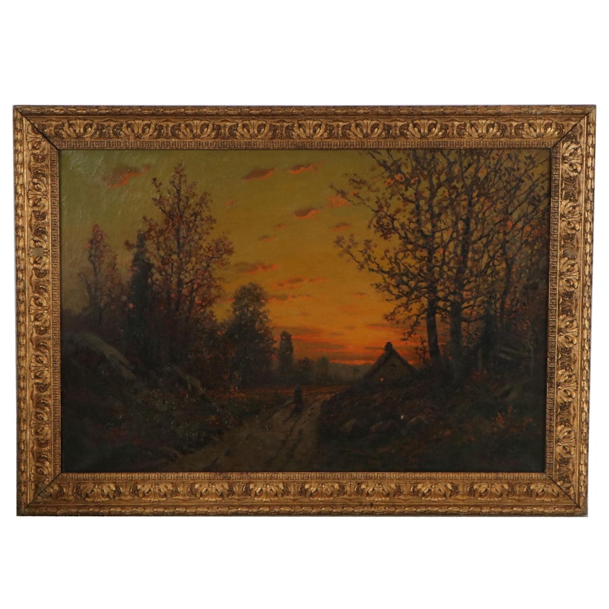 Luminist Style Landscape Oil Painting of Evening Sunset, circa 1900