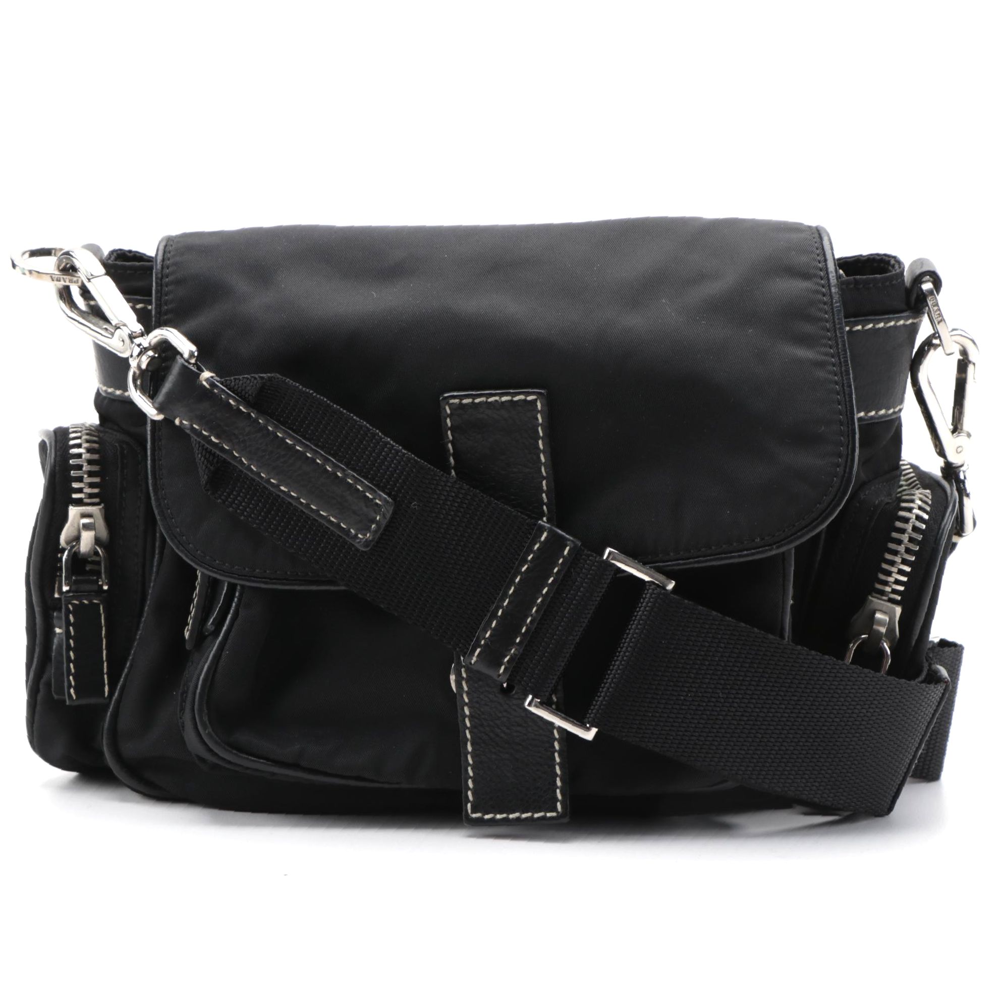 Prada Black Tessuto and Contrast-Stitched Leather Crossbody Bag
