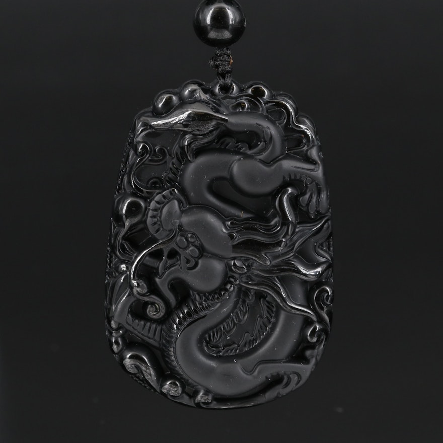 Asian Style Obsidian and Glass Carved Dragon Pendant Necklace