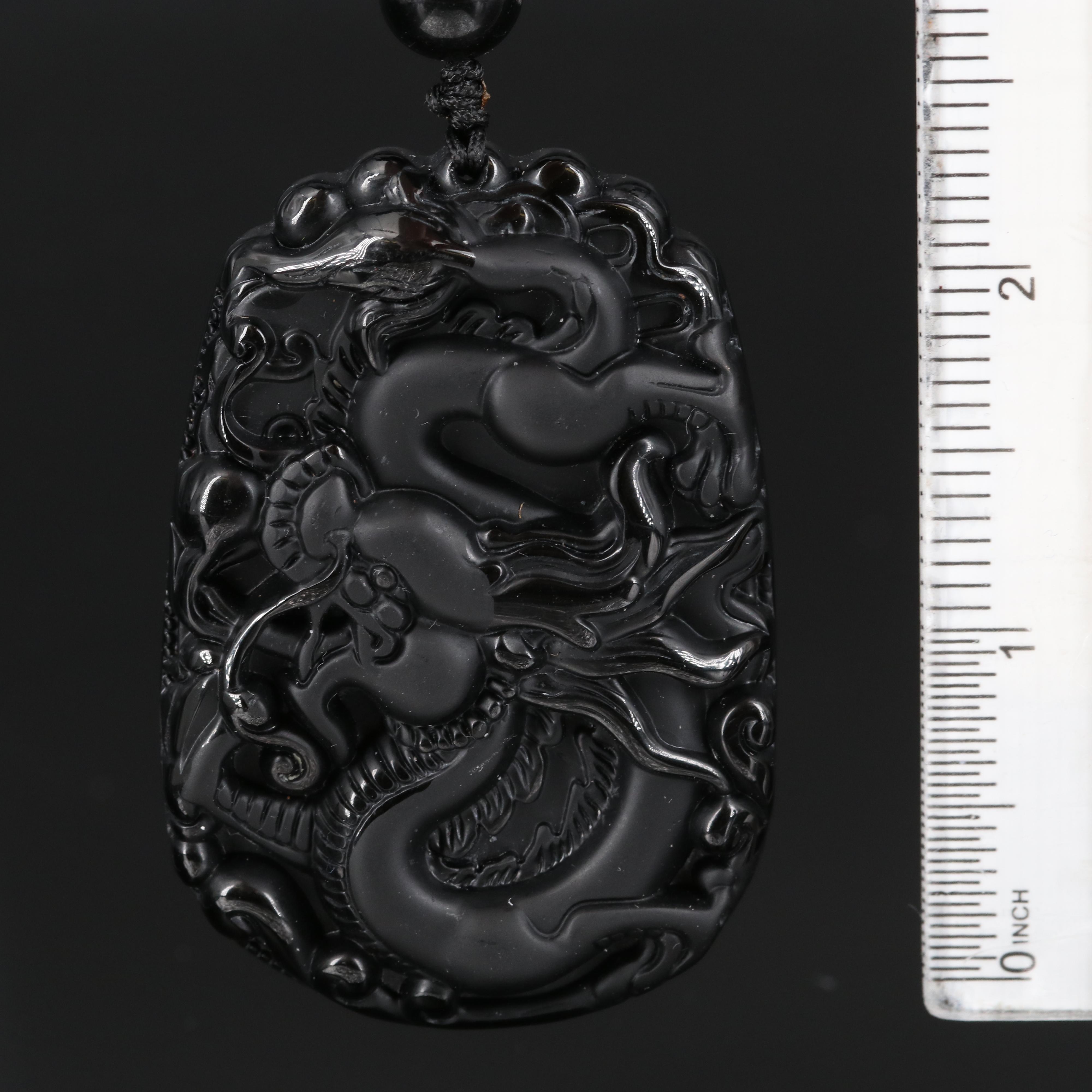 Asian Style Obsidian and Glass Carved Dragon Pendant Necklace