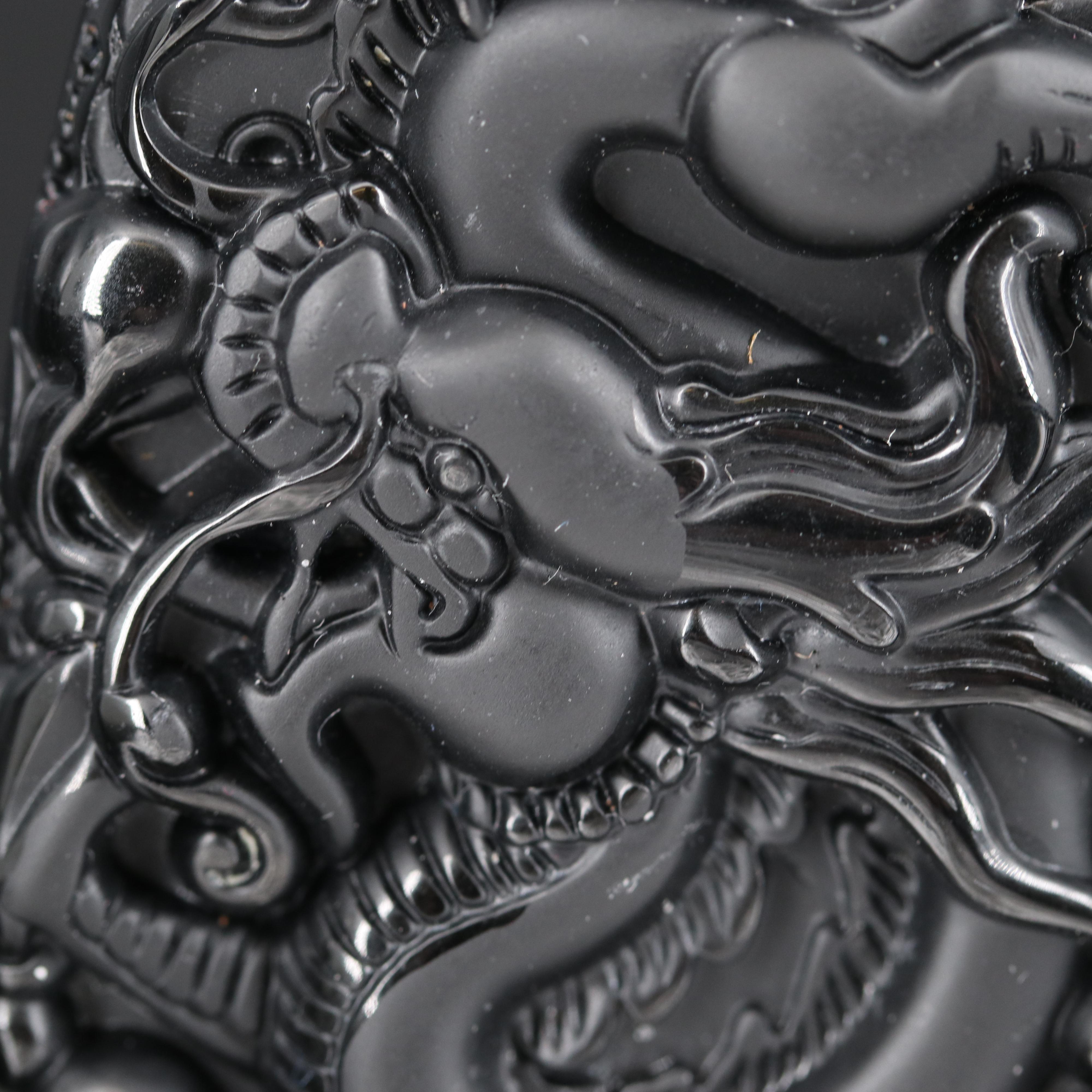 Asian Style Obsidian and Glass Carved Dragon Pendant Necklace